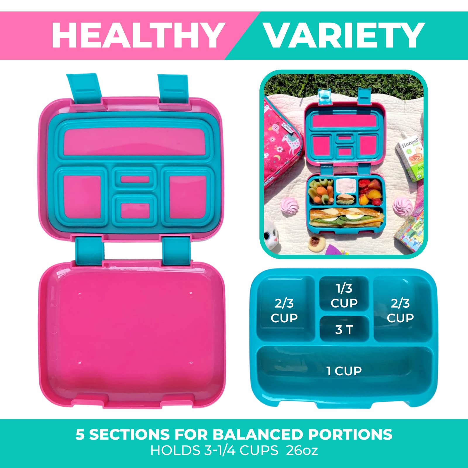 Insulated Bento Lunch Box for Kids with 5 Compartments, BPA-Free Removable Tray & Ice Pack - Unicorn Design for School, Daycare & Travel | Includes Water Bottle & Snack Container | Perfect for Preschoolers & Toddlers