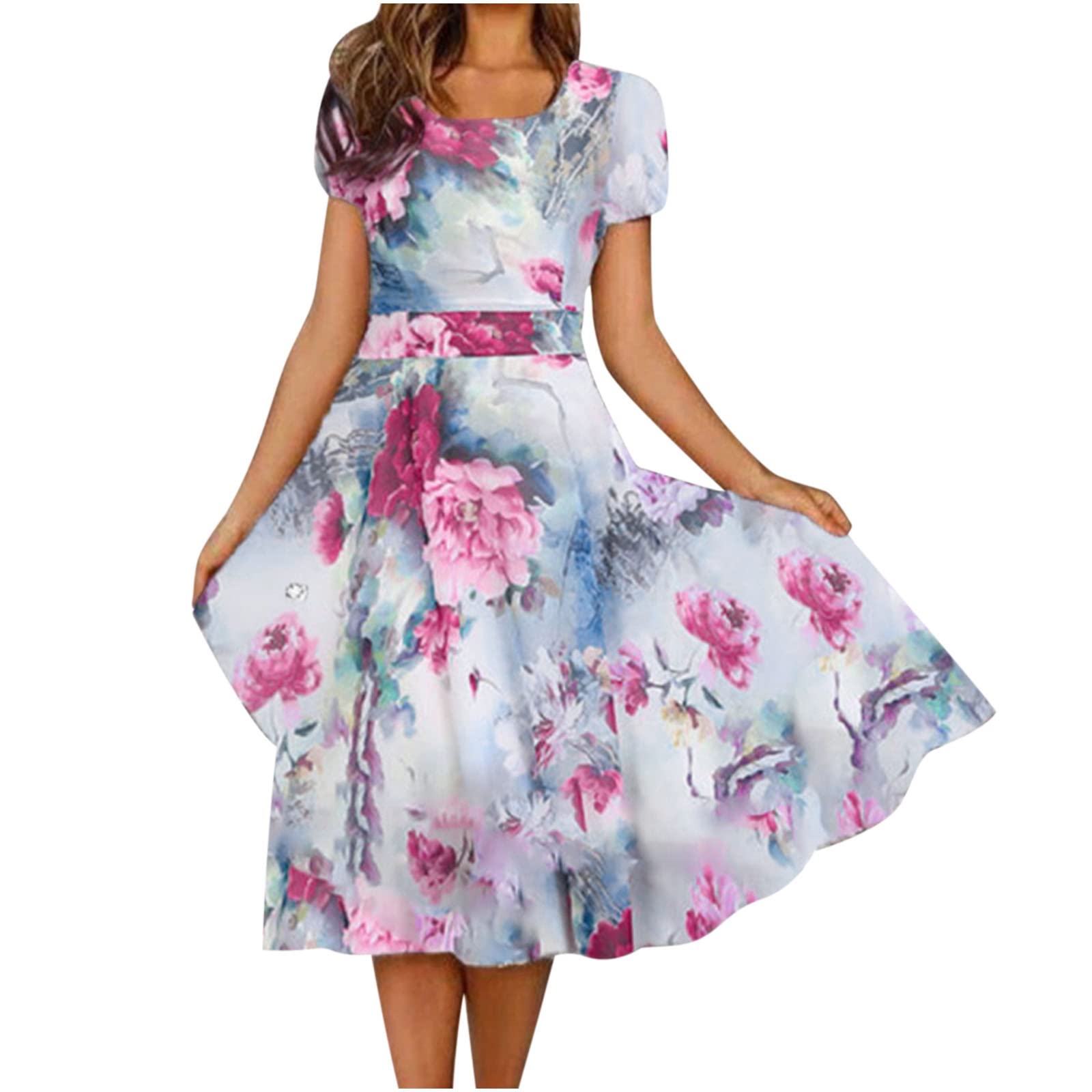 Floral Summer Dress for Women - Short Sleeve Crewneck Swing Midi Dress, Elegant Trendy Holiday Skater Dress in Purple | Perfect for Beach Vacation, Date Night & Summer Parties