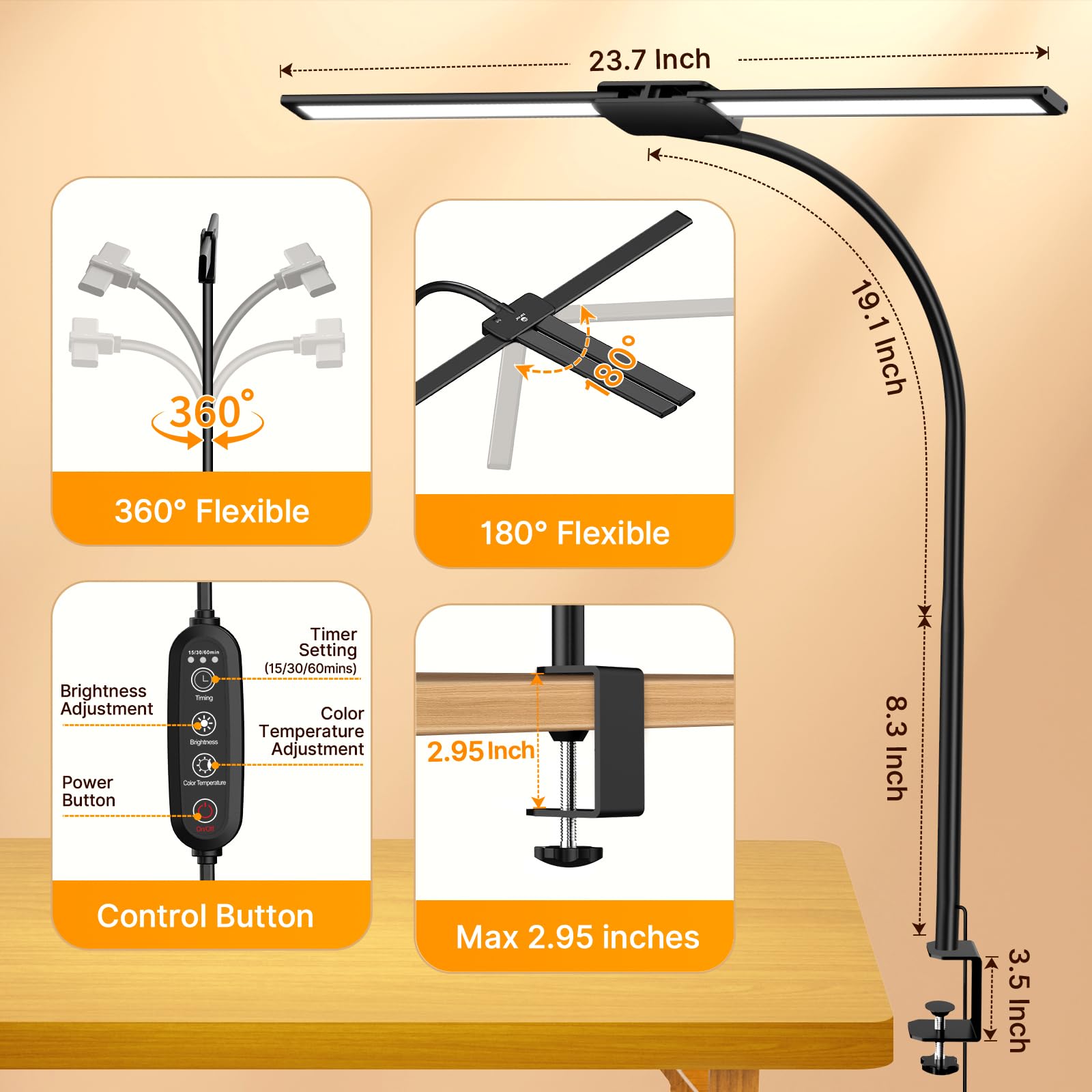 Syrinx Adjustable LED Desk Lamp with Clamp & Gesture Sensor - Dual Head Flexible Gooseneck Light for Home Office (50 Lighting Modes, Eye Protection) - Perfect for Reading, Studying & Computer Work