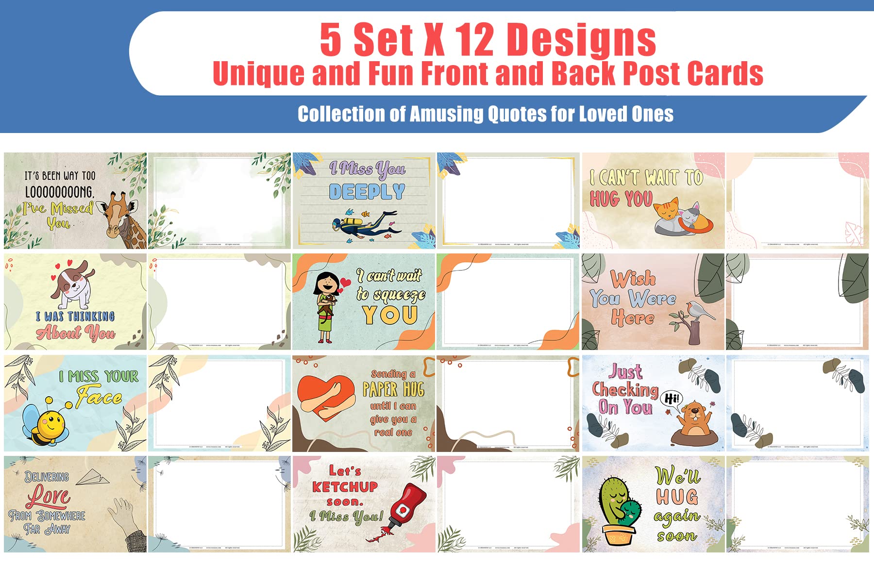 I Miss You Postcards - 60 Unique Greeting Cards for Adults & Professionals | Perfect Gift for Loved Ones