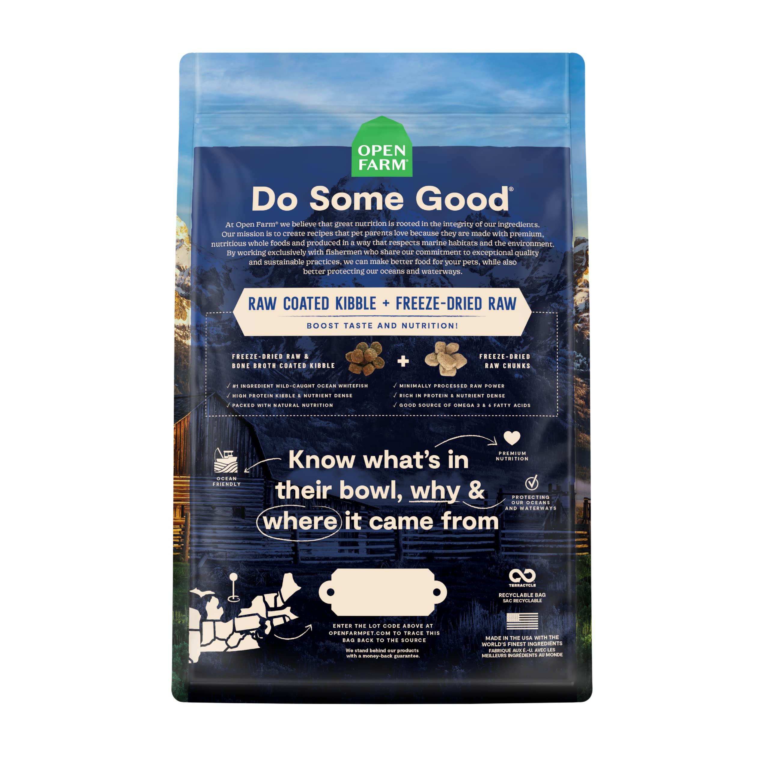 Open Farm RawMix Dry Dog Food with Ancient Grains - High Protein Kibble Coated in Bone Broth & Freeze-Dried Raw Chunks, Salmon Whitefish & Rockfish Wild Ocean Recipe - 20lb Bag for Large & Active Dogs - Perfect for Training, Outdoor Adventures & Daily Nutrition