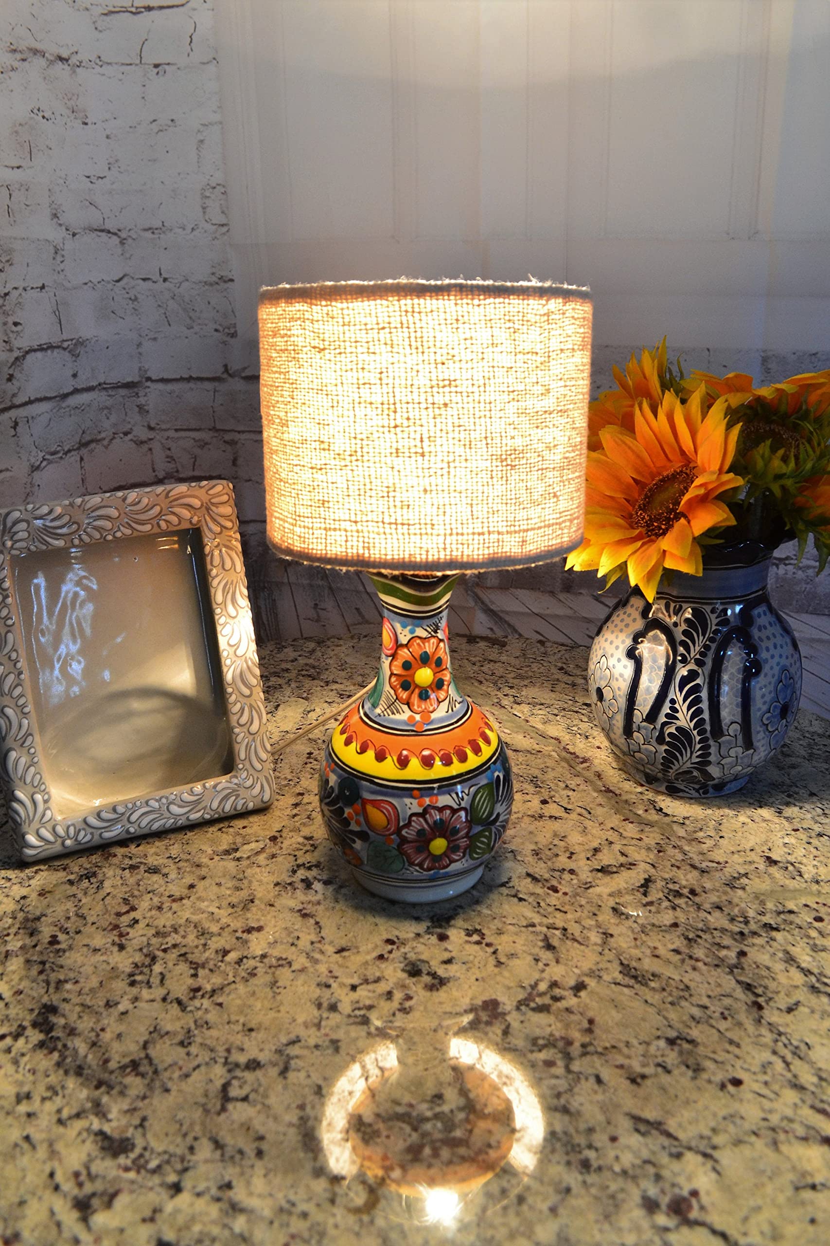 Handmade Talavera Ceramic Bedside Lamp - Mexican Style Table Lamp with Pitcher Design, Decorative Vase Lamp for Home & Office (CM256) | Perfect for Bedroom Nightstand, Living Room Accent, or Office Decor