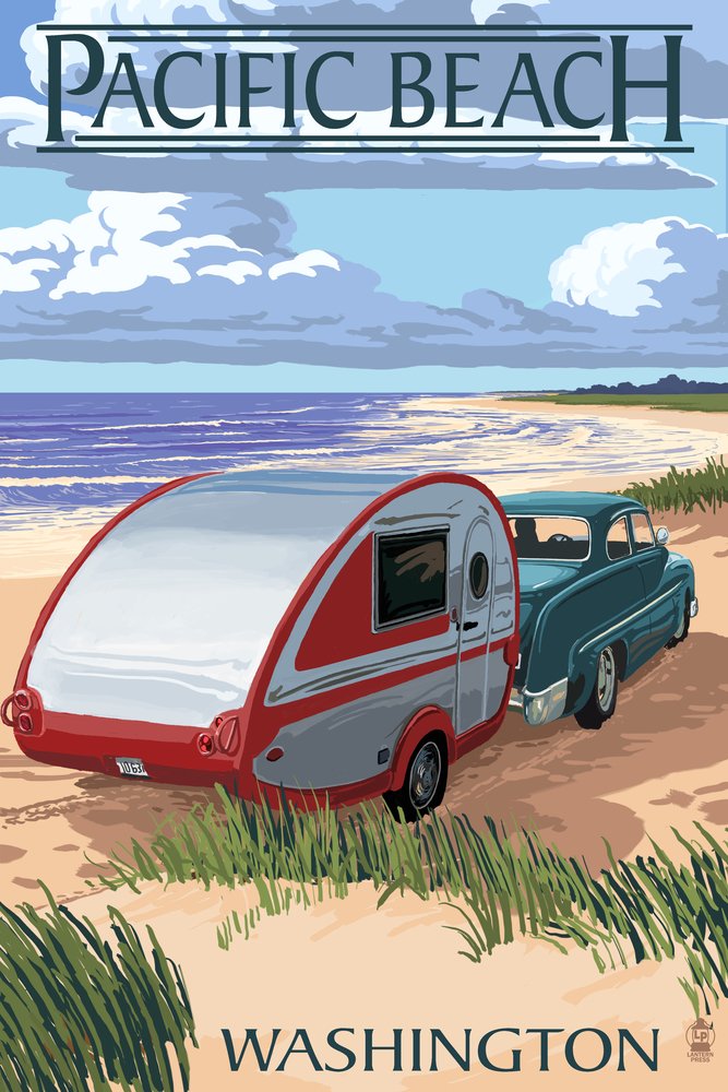 Pacific Beach Washington Retro Camper on Beach - 36x54 Inch Giclee Art Print - Vivid Textured Wall Decor for Living Room, Bedroom & Office