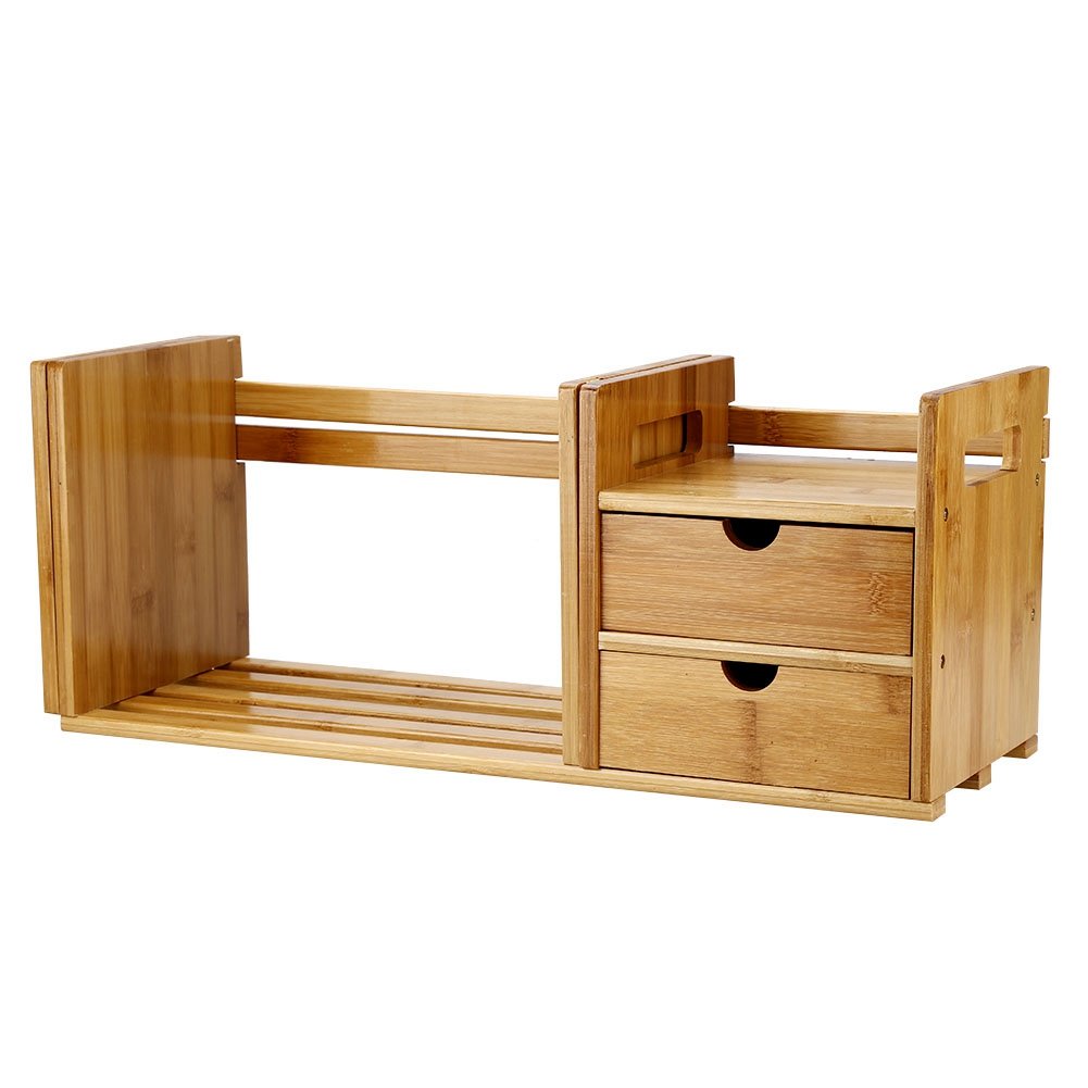 Expandable Bamboo Tabletop Bookcase with 2 Drawers - Space-Saving Desk Organizer for Books, Office Supplies & Home Decor | Perfect for Small Spaces, Home Office & Dorm Rooms