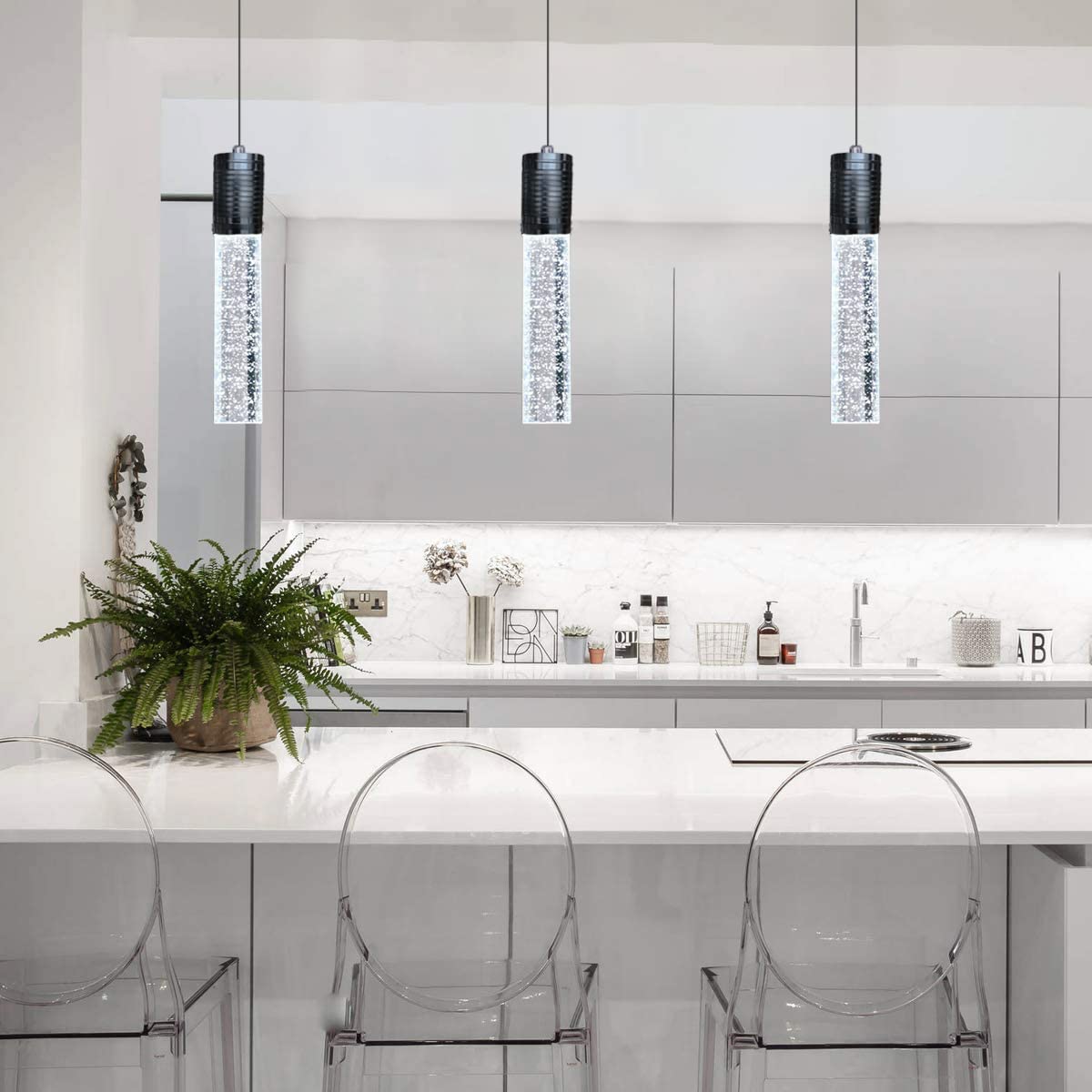 3-Light Black Linear Pendant Lighting Fixture for Kitchen Island & Dining Room - Modern Chandelier with Daylight Bulbs Included - Perfect for Contemporary Home Decor & Restaurant Ambiance