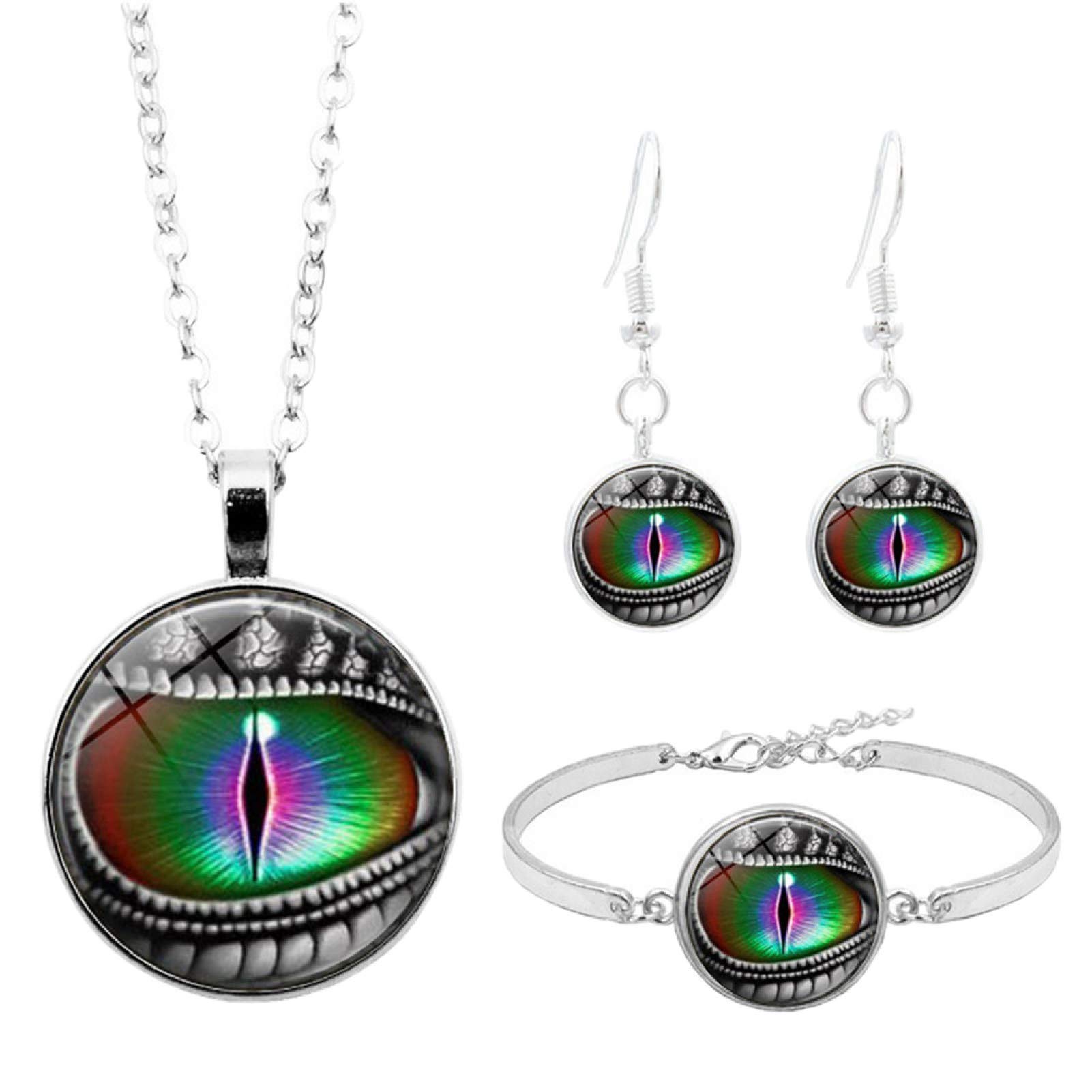 Qiguch66 Dragon Eye Jewelry Set for Women - 3Pcs Silver Glass Cabochon Necklace, Earrings & Bracelet | Boho Chic Accessories for Party, Wedding & Everyday Wear