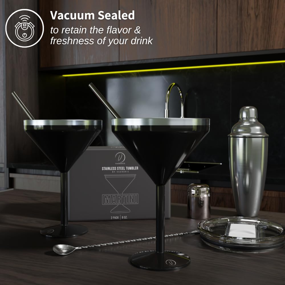 8 oz. Vacuum Sealed Stainless Steel Martini Glasses Set of 2 - Insulated Tumbler with Straws, Olive Pins & Straw Cleaner | Perfect for Cocktail Parties, Home Bar & Travel Drinkware | Black