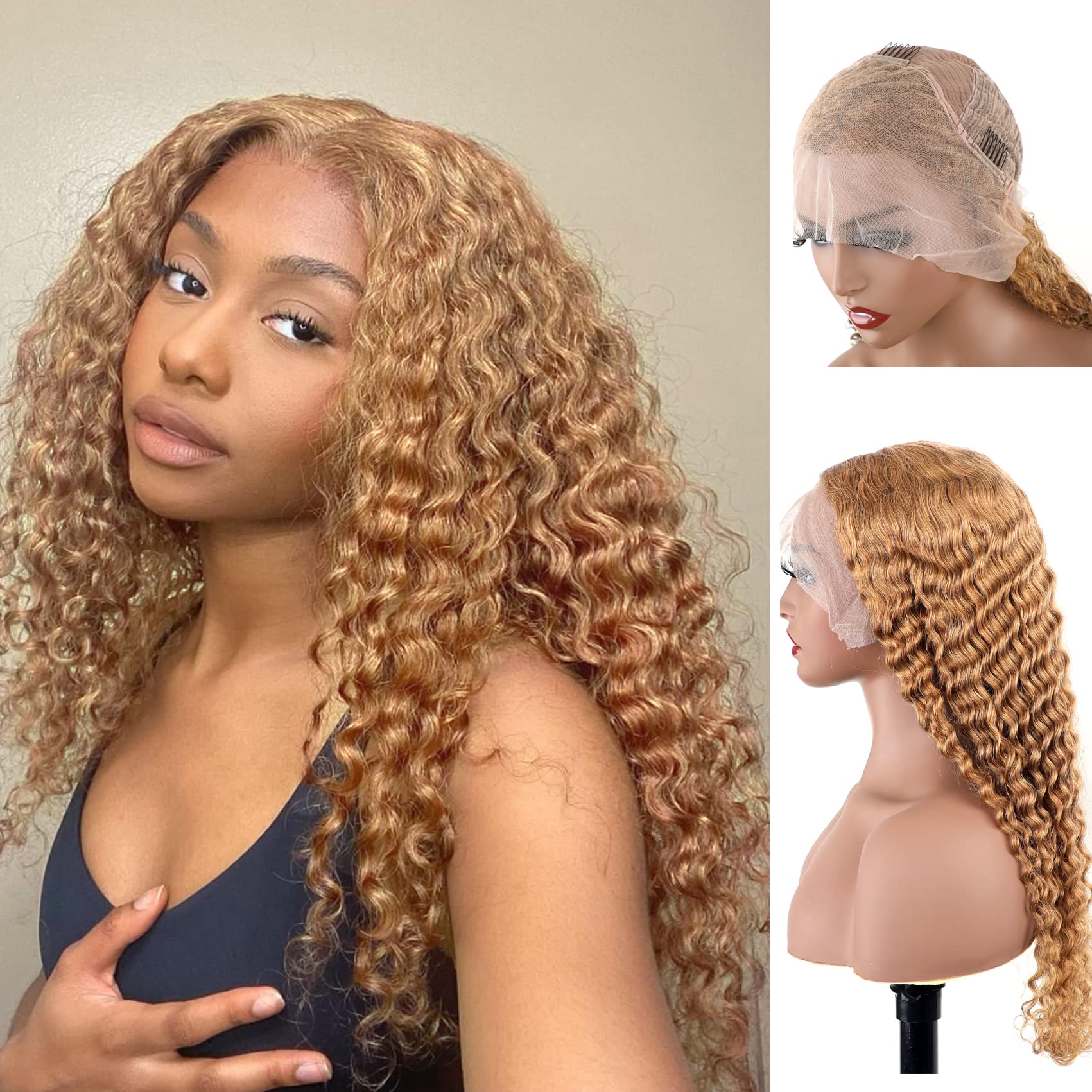BLY Light Brown 10A Human Hair Blonde Wig - 13x4 HD Transparent Lace Front, Pre Plucked Deep Wave Curly Glueless Wigs for Women (180% Density, #27 Color, 26 Inch) - Perfect for Cosplay, Daily Wear & Special Occasions