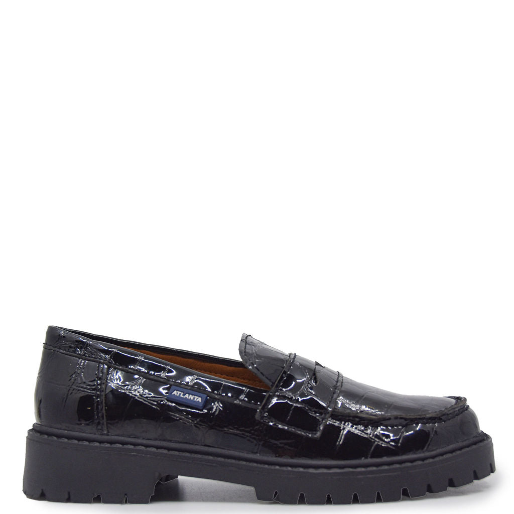 Black Patent Croc Chunky Penny Loafers for Men - Atlanta Moccasin Style Comfortable Slip-On Shoes for Casual & Office Wear