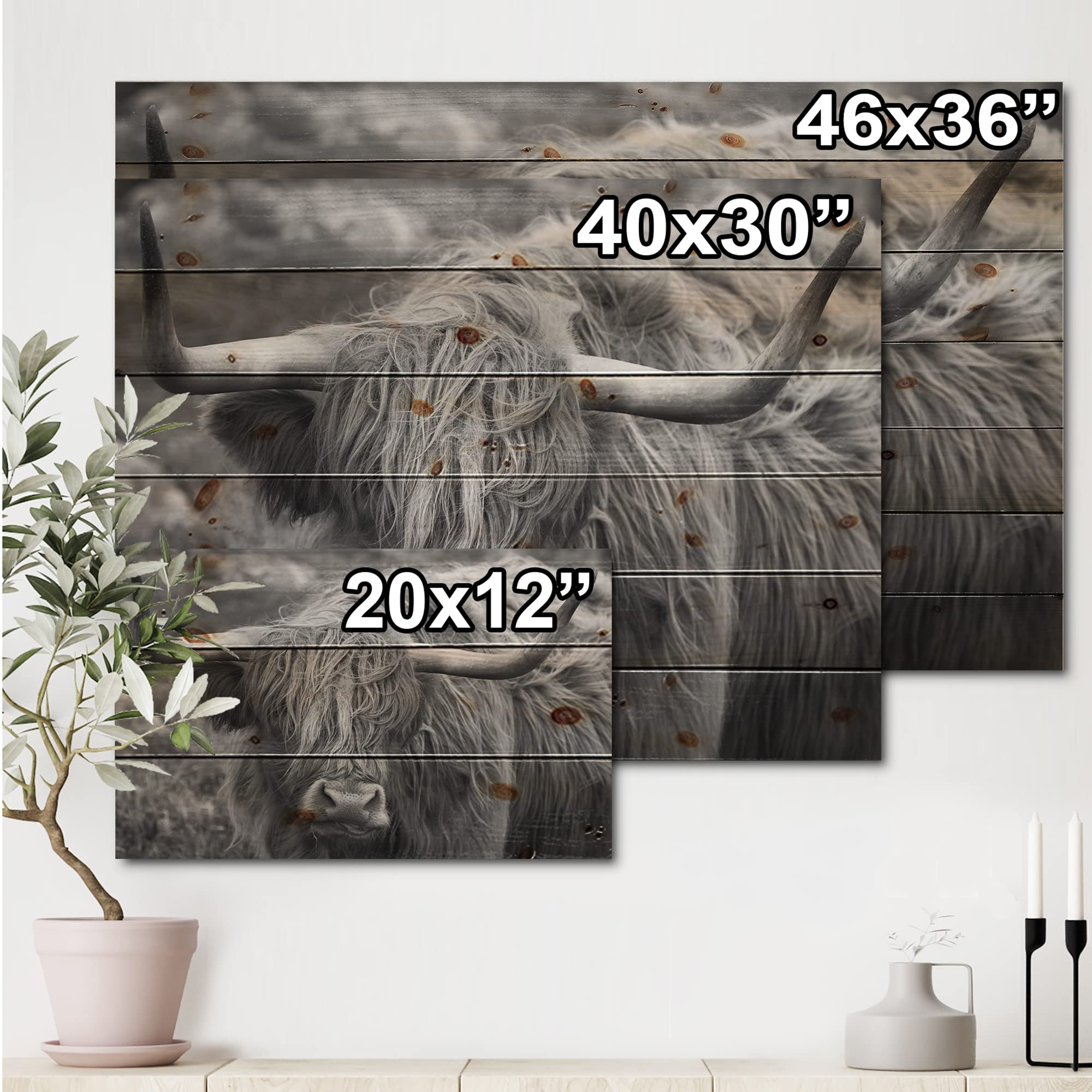 Scottish Highland Cow on Moorland - Farmhouse Wood Wall Decor, Grey Wood Wall Art, Large Animal Wood Panel Printed on Natural Pine - Perfect for Rustic Home, Cabin & Countryside Decor
