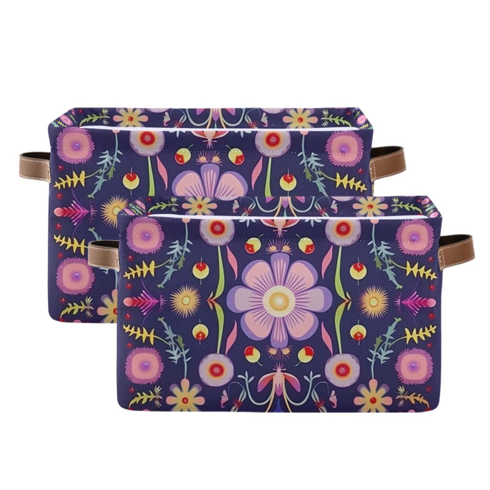 Foldable Canvas Storage Baskets with Handles - 2 Pack Rectangle Fabric Organizer Boxes with Floral Pattern for Home, Office & Closet Organization | Perfect for Clothes, Toys & Shelf Decor