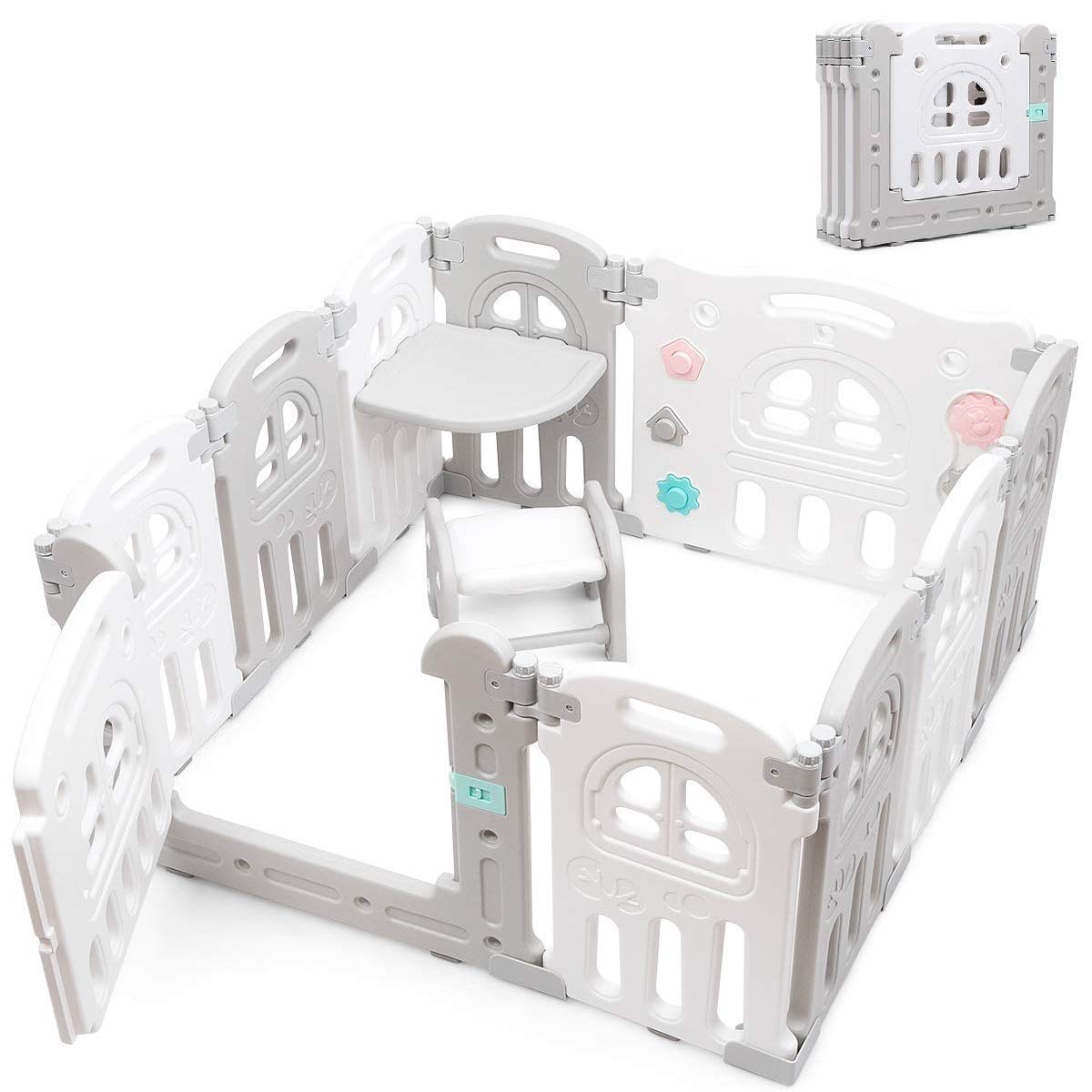 Costzon 10-Panel Foldable Baby Playpen - Indoor/Outdoor Portable Play Yard with Table Panels, Seat Stool, Lockable Gate & Educational Toys - Adjustable Shape Safety Fence for Toddlers & Kids - Perfect for Playtime, Learning and Childproofing Home Spaces