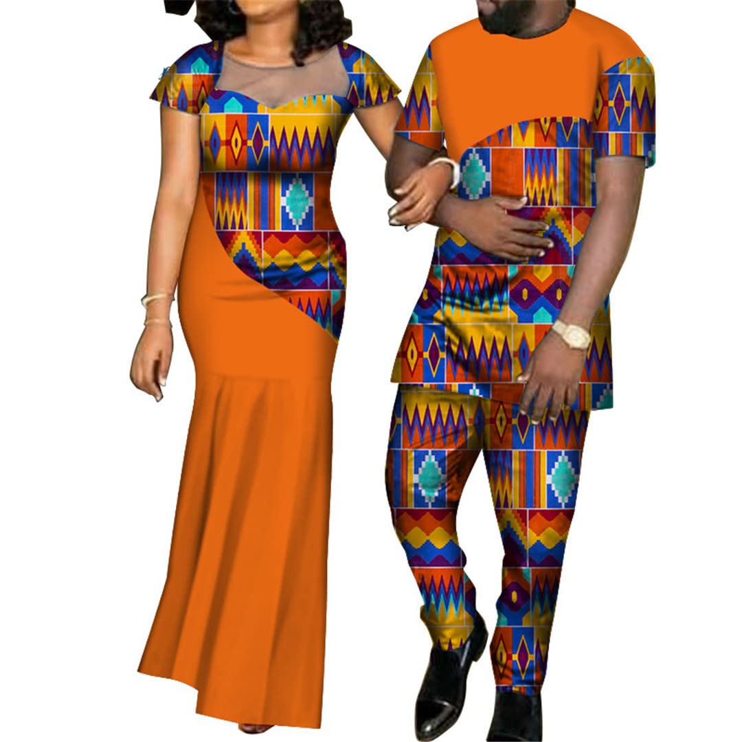 Stylish African Print Dresses for Women & Bazin Shirt Pants Sets for Men - Matching Couples Outfits in Vibrant Yarn Designs (Size XL, 24fs1402) - Perfect for Weddings, Parties & Cultural Events
