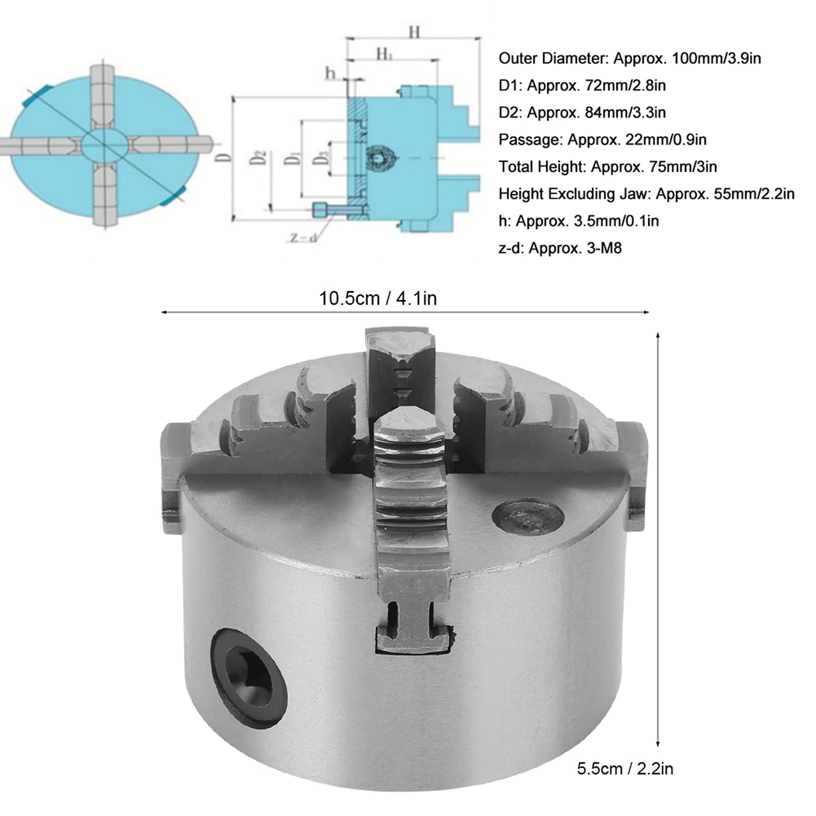4 Jaw Self Centering Lathe Chuck 100mm (3.9in) Clamping Range - Heavy Duty Metal Lathe Chuck with Wrench for CNC Router, Turning & Milling Machines - Perfect for Metalworking, Woodworking & DIY Projects