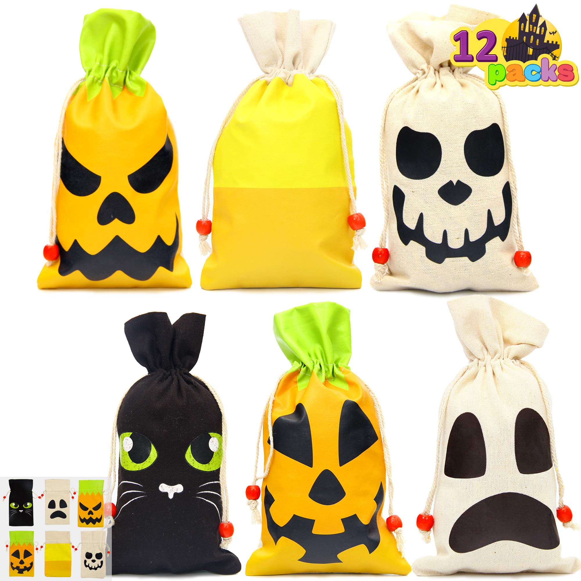 JOYIN 12 Pack Halloween Canvas Goody Bags 8.5” x 4.75” for Kids Trick or Treat, Party Favors, Classroom Treats & Gift Bags - Perfect for Halloween Parties, School Events & Candy Collection