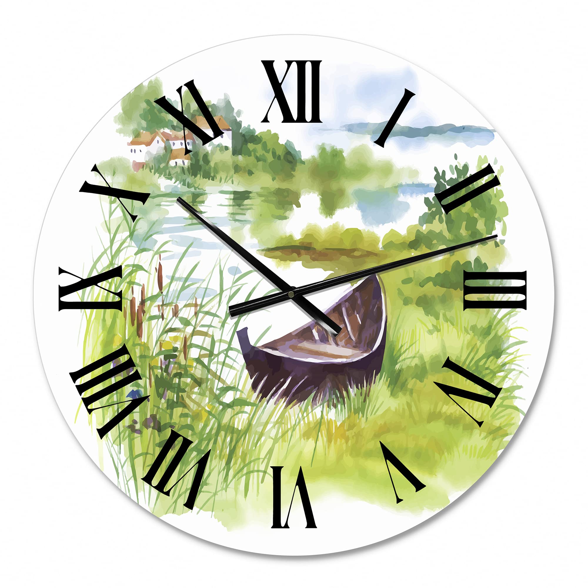 DesignQ Lake House Wall Clock - Rustic Green Landscape with Boat, Large Nature-Themed Wall Clock for Kitchen, Living Room, and Office Decor | Perfect for Farmhouse, Cabin, and Coastal Home Décor