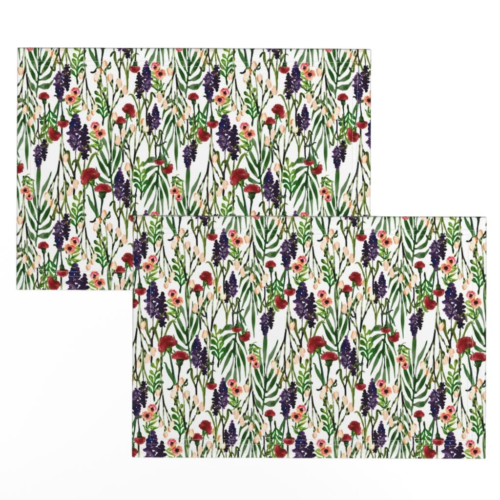 Wild Flower Watercolor Printed Linen Cotton Canvas Placemats (Set of 2) - Spring Meadow Nature Garden Carnation Design for Dining Table Decor, Kitchen Table Setting & Party Tableware