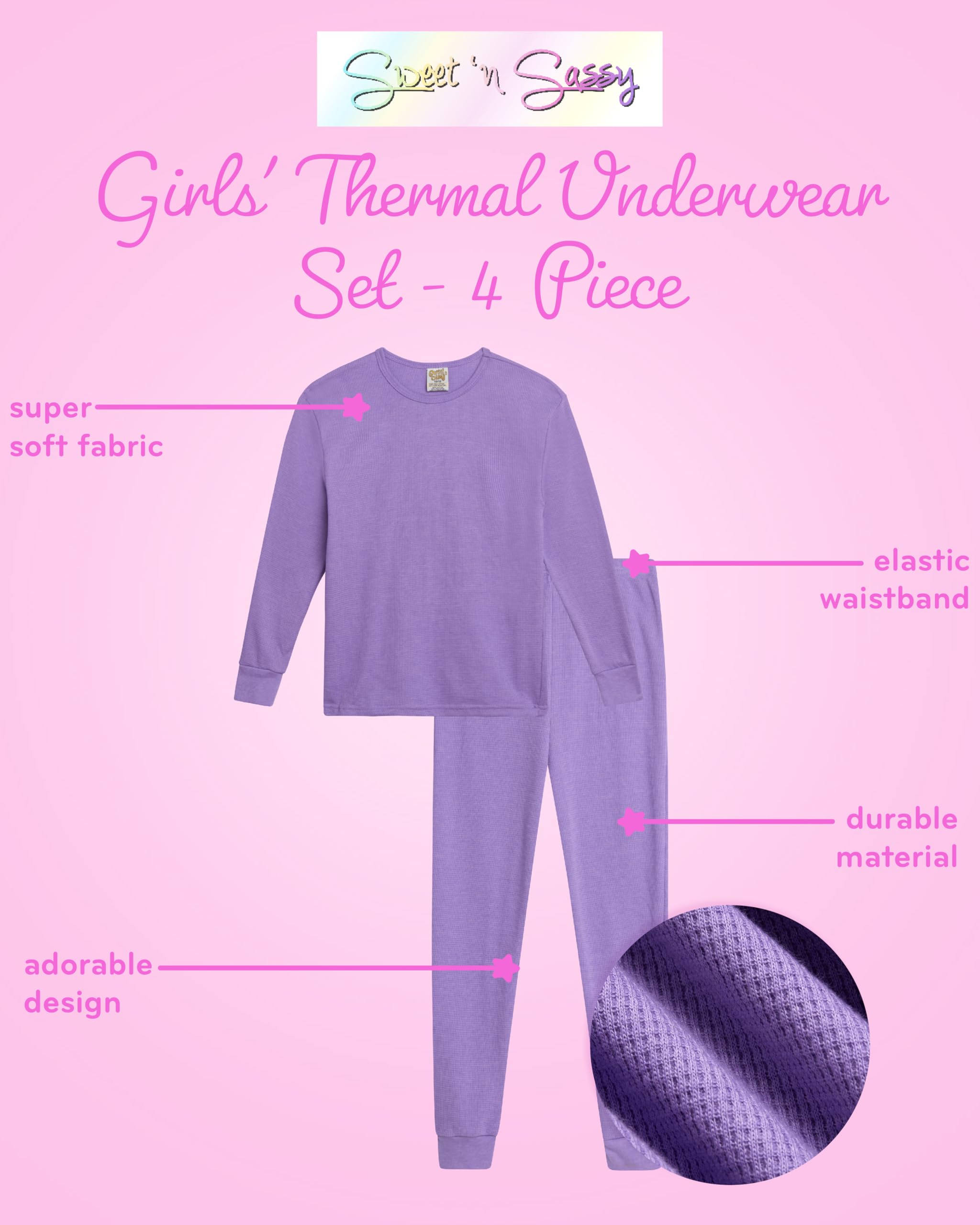 Sweet & Sassy Girls' Thermal Underwear Set - 4 Piece Waffle Knit Top & Long Johns for Toddlers & Kids | Warm Winter Base Layer for Outdoor Play & Snow Activities