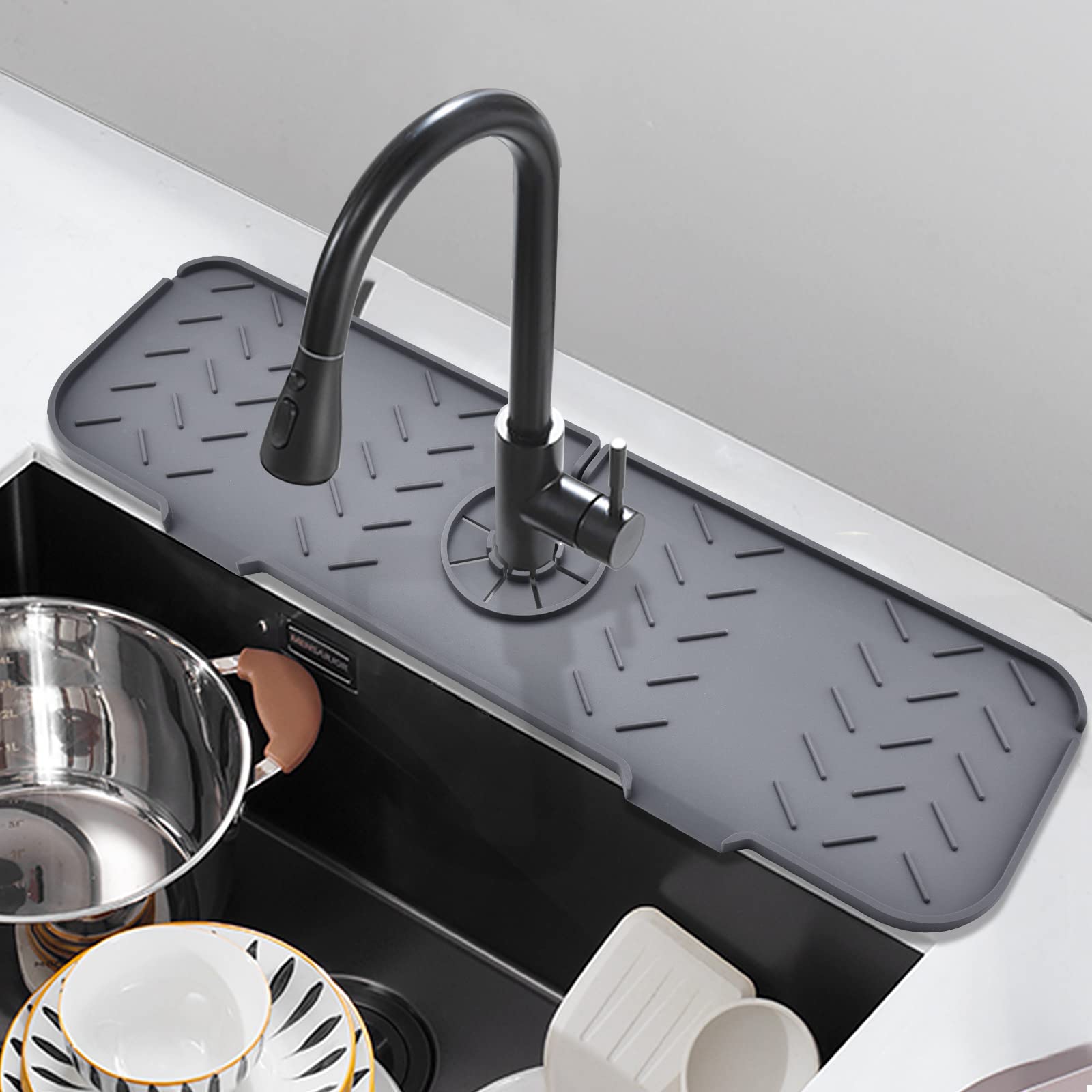 Premium Silicone Kitchen Sink Splash Guard & Faucet Drip Catcher Tray - Non-Slip Sponge Holder & Sink Protector Mat (19.7