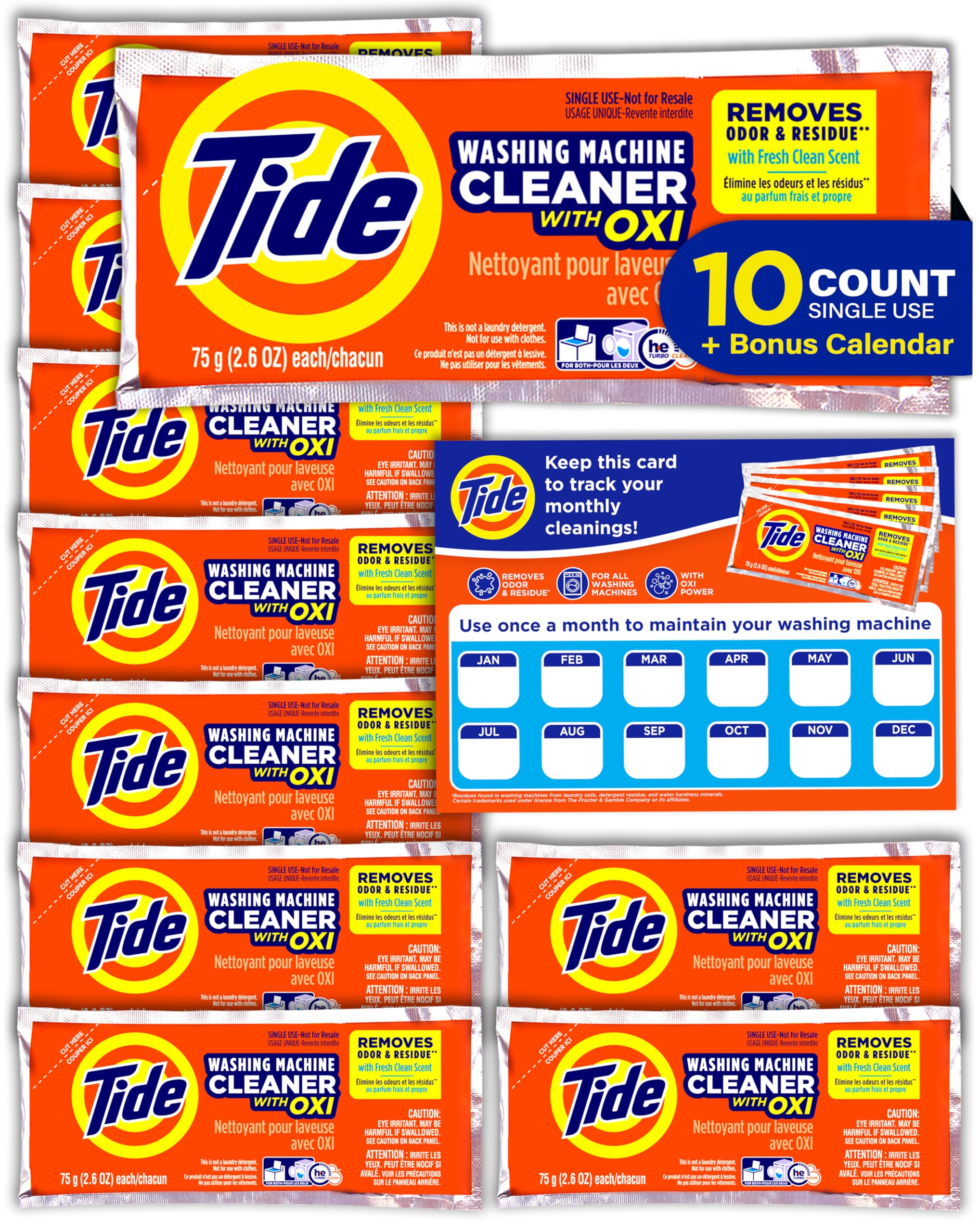 Tide Washing Machine Cleaner with Oxi - Deep Cleaning Residue & Odor Eliminator for Front & Top Loader Washers (10 Month Supply + Calendar) - Perfect for Laundry Maintenance & Fresh-Smelling Clothes