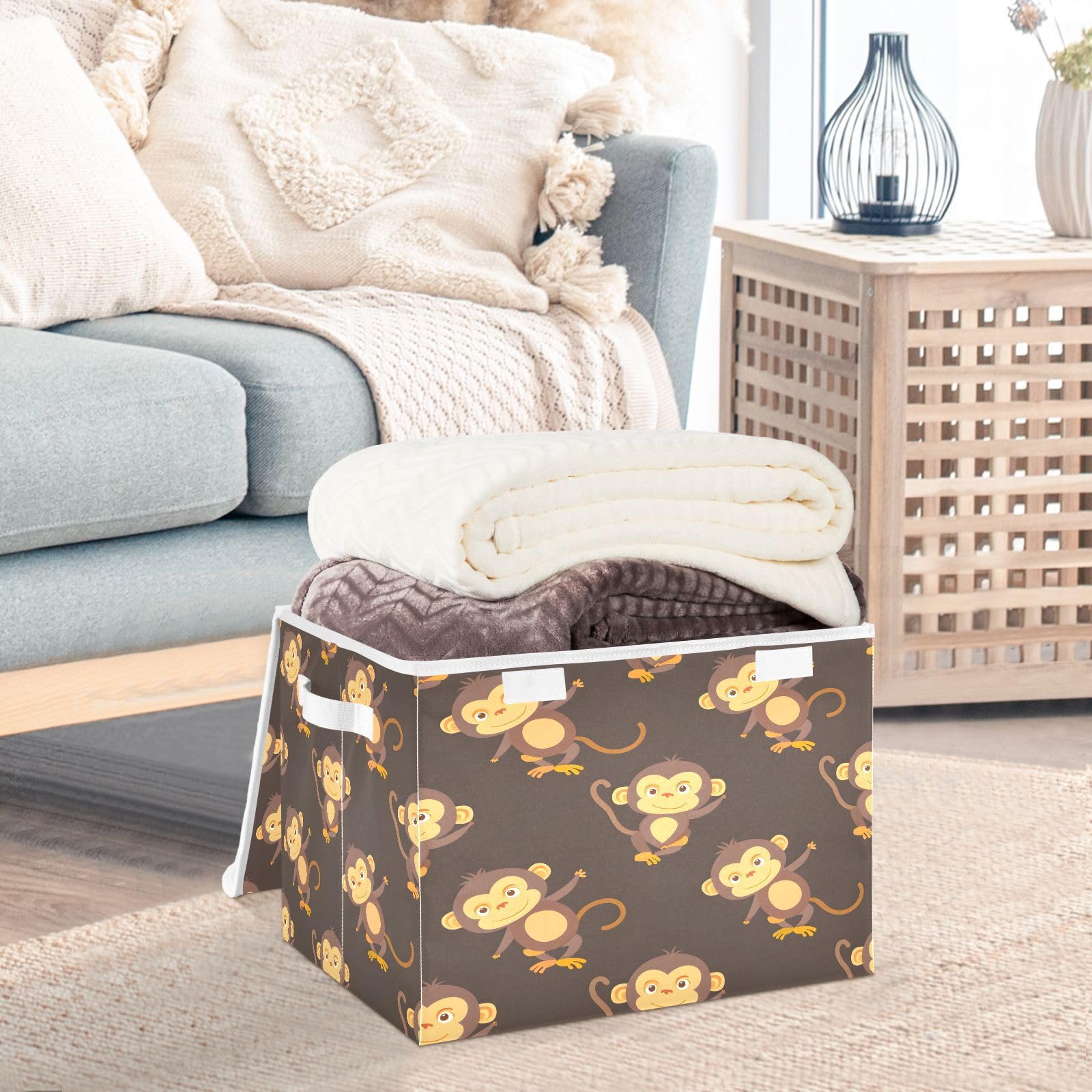 Monkey Print Fabric Foldable Storage Bins with Lids - Collapsible Closet Organizer Baskets for Bedroom, Office & Home Organization | Perfect for Toys, Clothes & Seasonal Storage