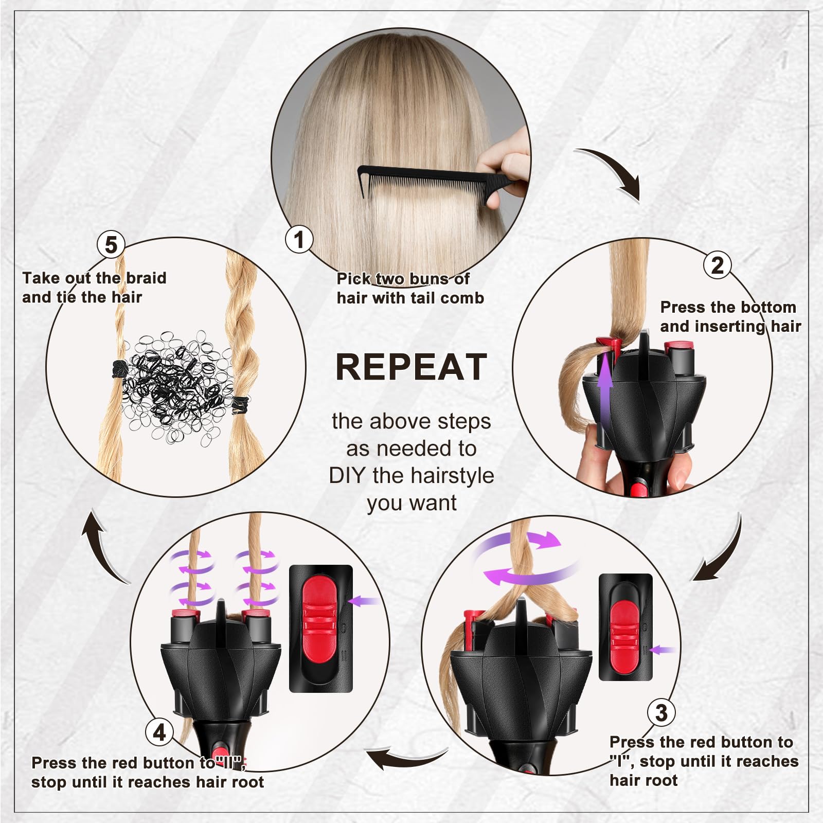 7-Piece Automatic Hair Braider Set - Electronic Braid Maker Machine with Comb & Clips for Easy DIY Hairstyling (Black) | Perfect for Home Use, Salon Professionals & Quick Hair Styling