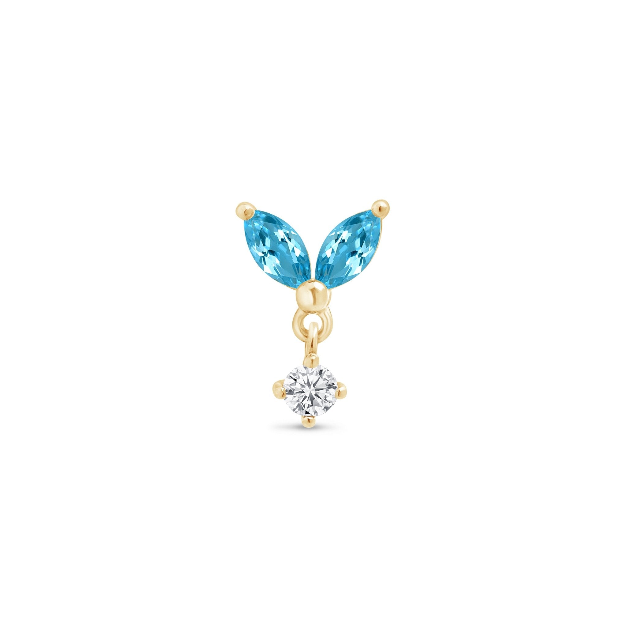 14K Yellow Gold Blue Topaz Double Marquise Drop Stud Earrings – Elegant Flat Back Design for Women, Perfect for Weddings, Parties & Everyday Wear