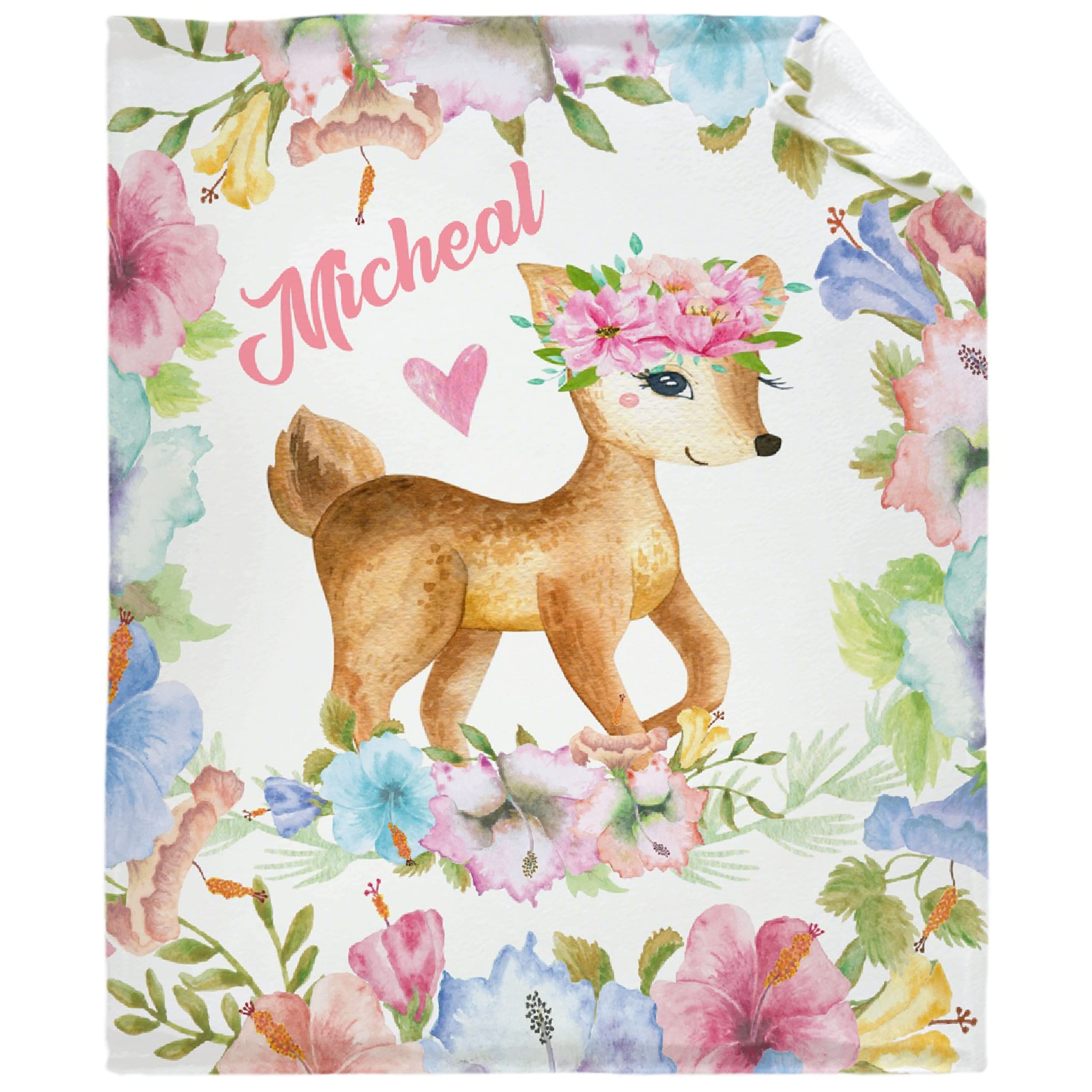 Personalized Baby Blankets for Girls & Boys - Custom Name Embroidered Soft Fleece Throw - Cozy Warm Plush Nursery Blanket for Newborns - Floral Deer Design 90