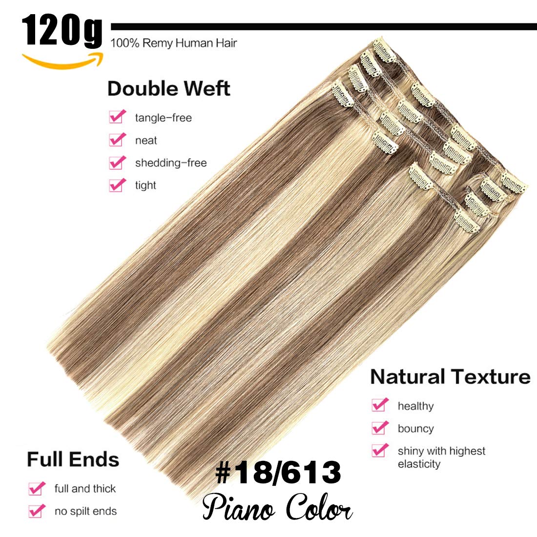 Clip in Human Hair Extensions 16 Inch 120g Ash Blonde/Lightest Blonde #18/613 - 7pcs Remy Straight Thick Natural Hair Extensions for Women - Perfect for Daily Styling, Parties & Special Occasions