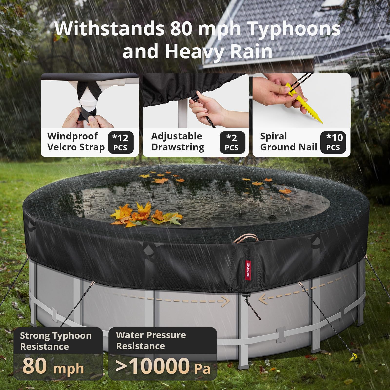 QH.HOME 24Ft Round Winter Pool Cover for Above Ground Pools - Heavy Duty 634N Tear Resistant & 500D Dense Fabric - Solar Swimming Pool Cover with Fade & Wind Protection - Black - Perfect for Winter Protection and Energy Savings