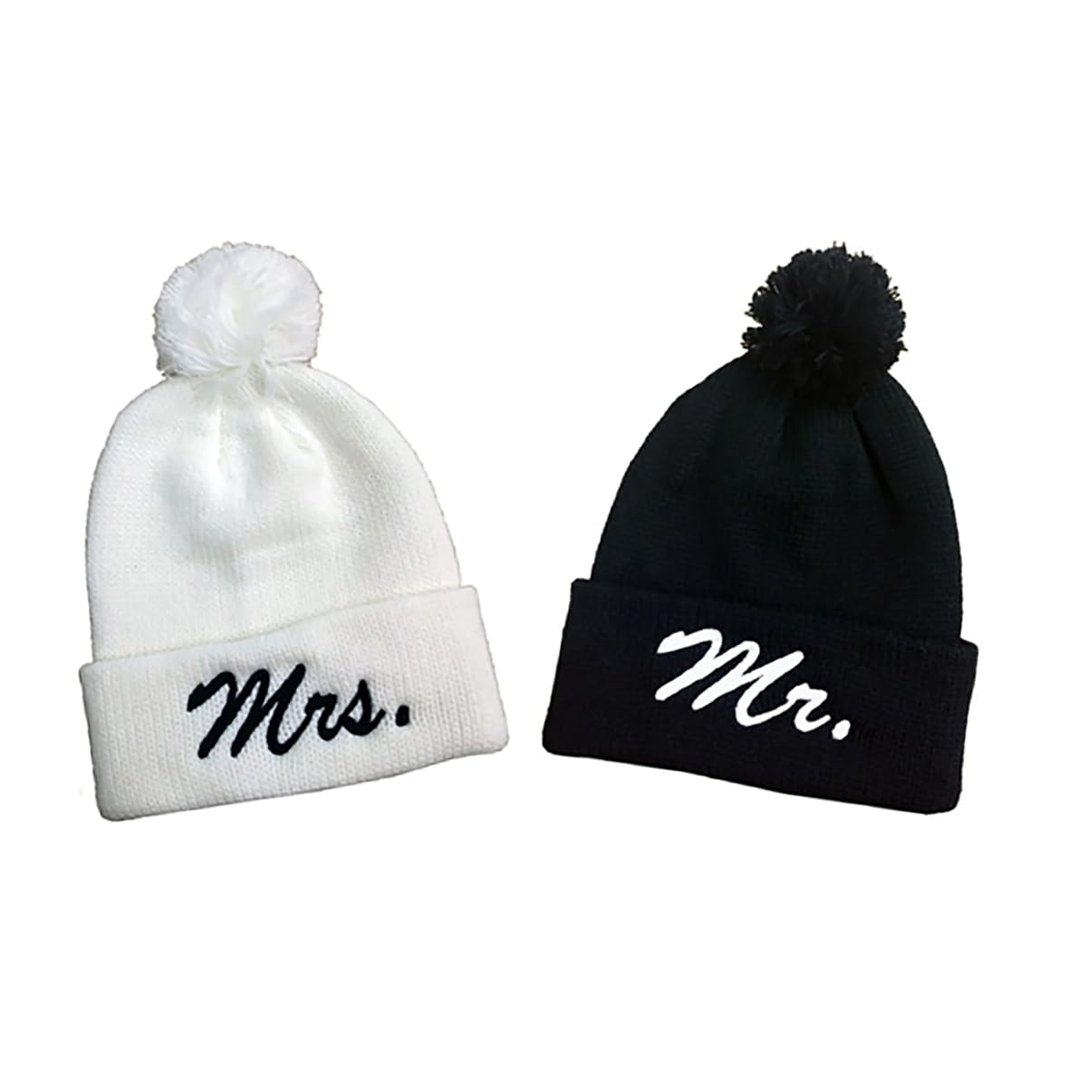 Mr. & Mrs. Embroidered Pom Pom Beanie Hats Set of 2 - Premium Winter Knit Hats for Couples - Perfect Wedding Gift for Bride & Groom - Cozy Christmas Couple Accessories for Outdoor Dates & Winter Photoshoots