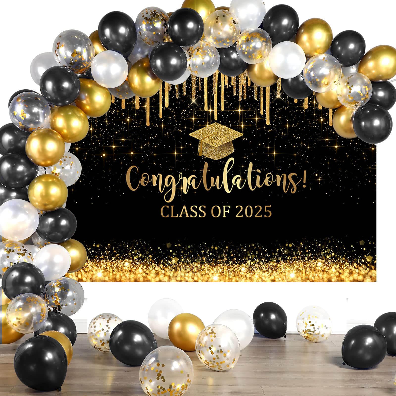 2025 Black & Gold Graduation Backdrop 7x5ft - Class of 2025 Congrats Grad Banner & Photo Background - Perfect for Graduation Parties, School Events & Photo Booths