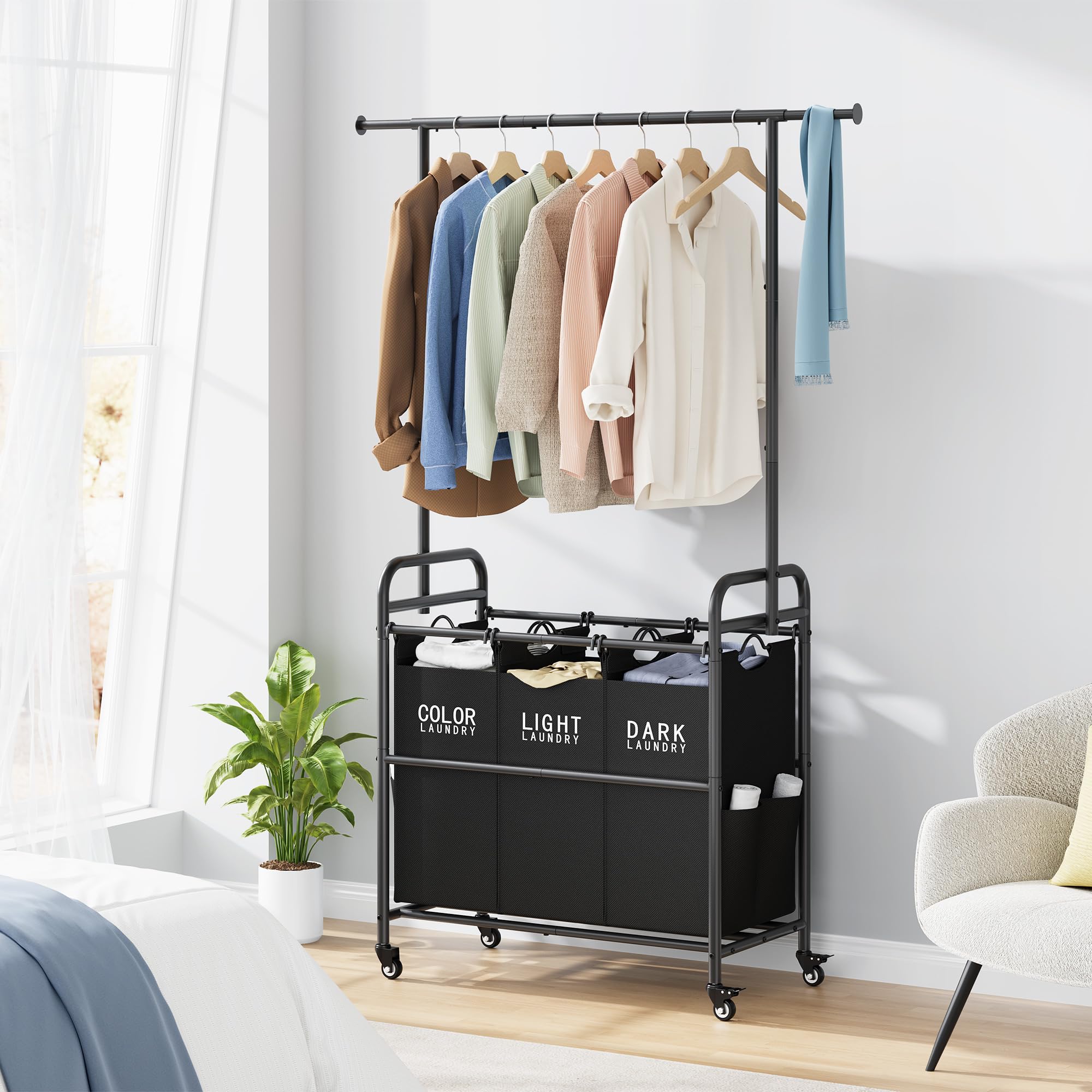 Tajsoon 3-Section Laundry Sorter Cart with Hanging Rack & Lockable Wheels - Heavy Duty Rolling Laundry Hamper for Bedroom, Closet, or Laundry Room Organization (Black)