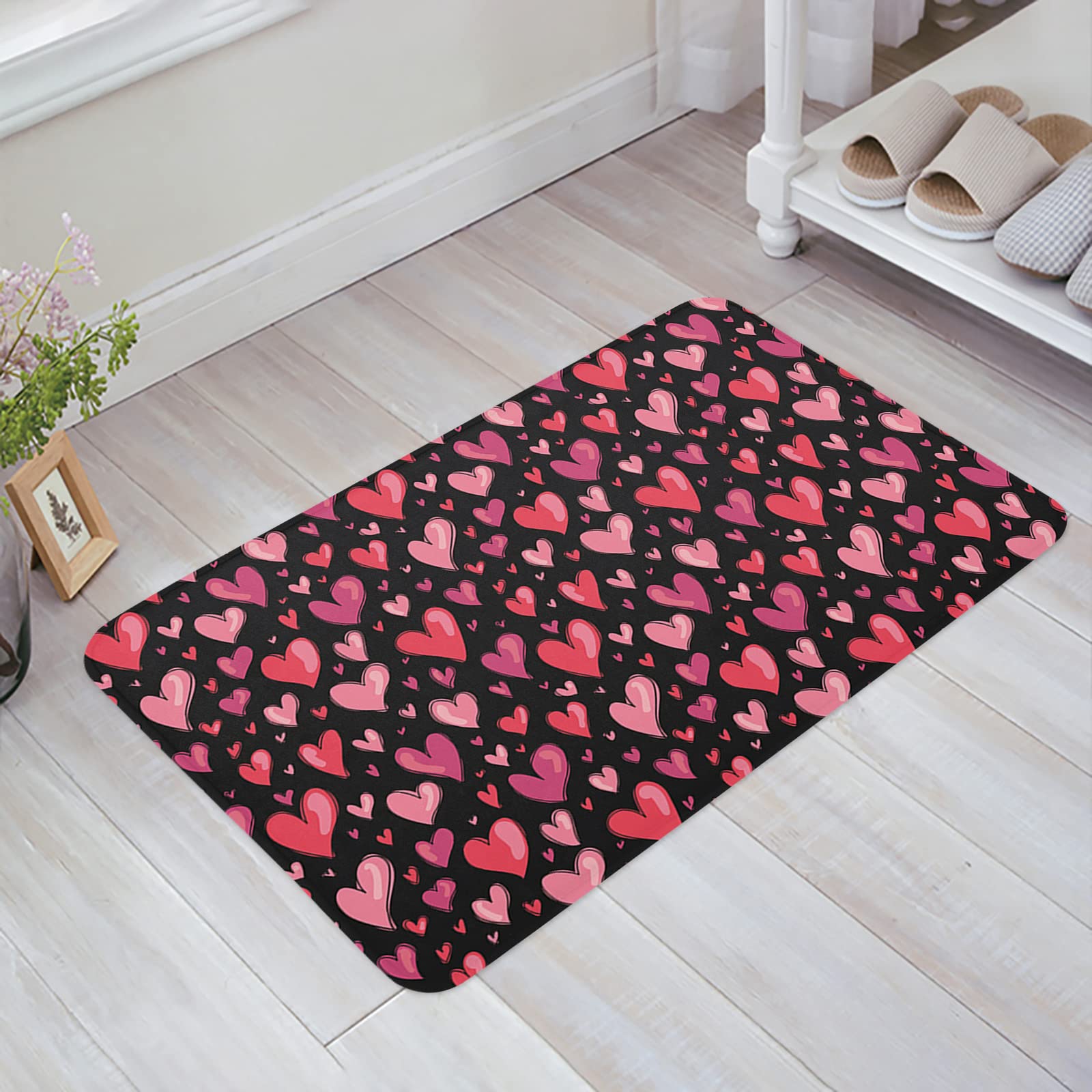 Valentine's Day Heart Door Mat - Absorbent Low Profile Front Door Rug, Machine Washable Non-Slip Bathroom & Kitchen Mat 20x31.5 Inches, Romantic Pink Hearts Design for Home Decor - Perfect for Entryway, Bedroom, Dorm & Gift Giving