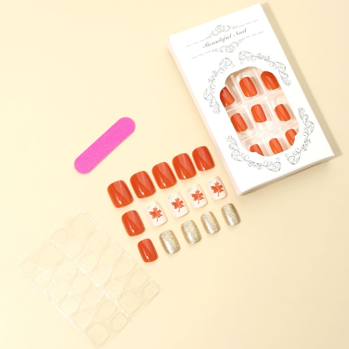 Short Square Press on Nails with Maple Leaf Design - Gold Glitter Foil Acrylic Fake Nails for Women | Fall & Thanksgiving Nail Art | Perfect for Autumn Parties, Holidays & Special Occasions
