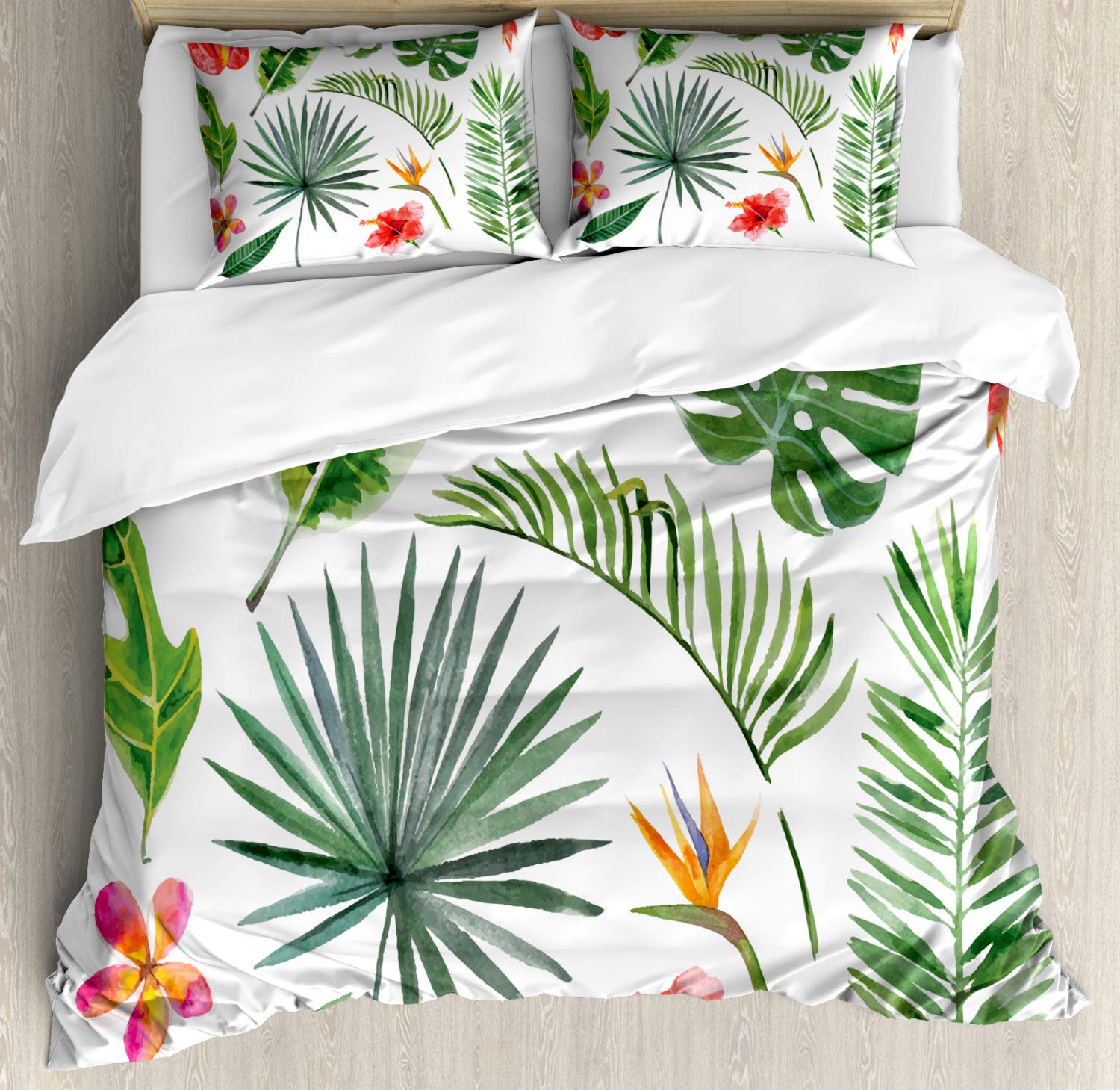 Ambesonne Aloha Duvet Cover Set - Tropical Jungle Rainforest Design with Blossoms & Leaves, 3-Piece Bedding Set with 2 Pillow Shams, California King Size, Vibrant Multicolor | Perfect for Beach House, Boho Bedroom, or Tropical-Themed Home Decor