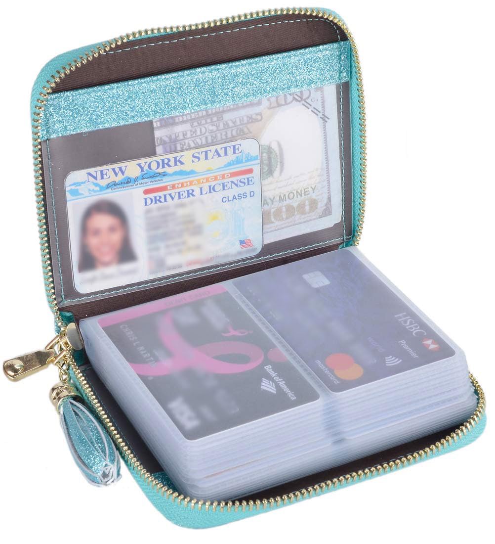 Easyoulife Women's RFID Blocking Leather Credit Card Holder Wallet with Zip Closure - Glitter Teal | Slim Card Case for Everyday Use, Travel & Business