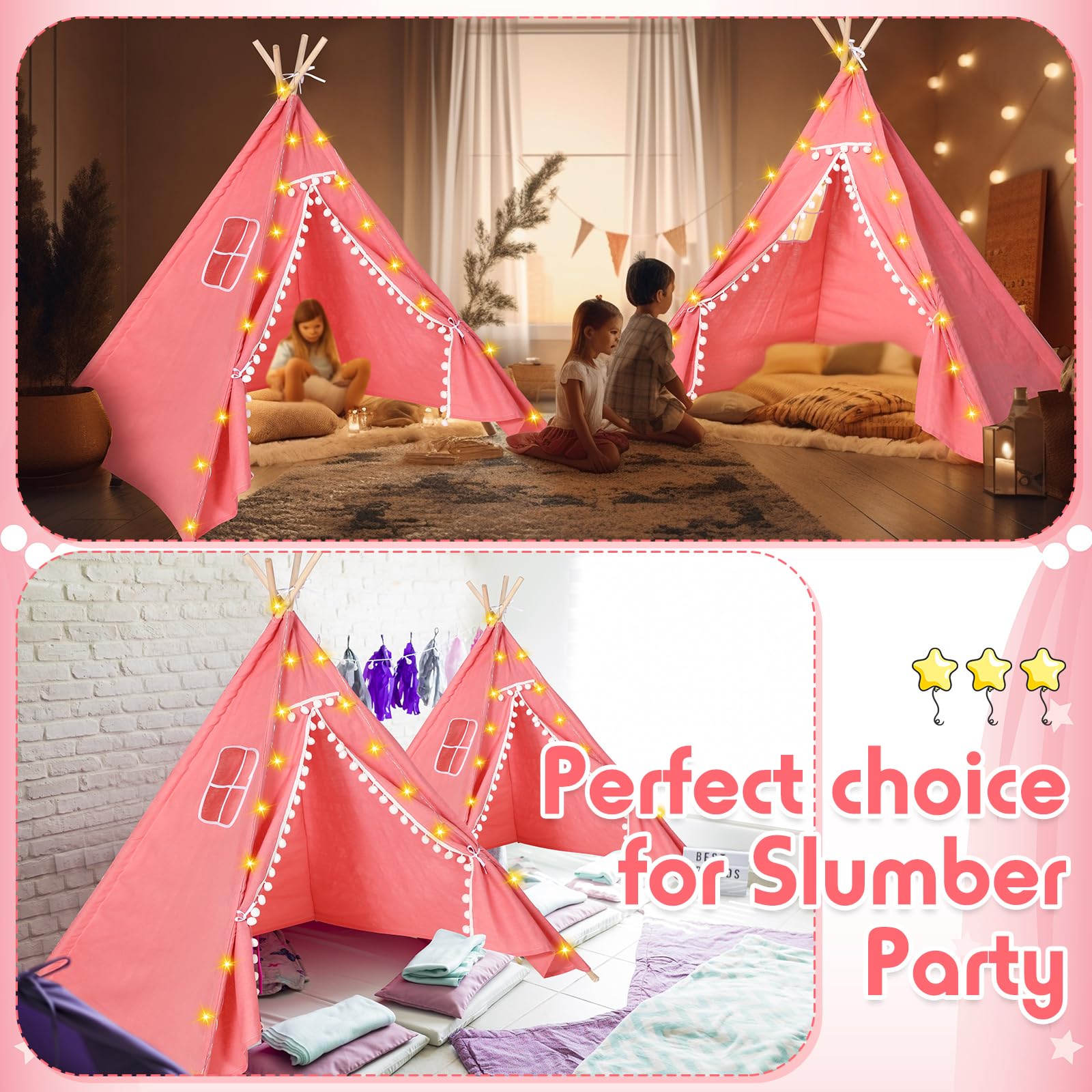 **Windyun 4-Piece Kids Teepee Tent with LED Lights - Foldable Cotton Linen Play Tent for Girls & Boys - Indoor Outdoor Slumber Party, Sleepover & Playroom Decor (Pink)**    *(Perfect for Birthday Parties, Nursery Room Decor, Camping Adventures & Cozy Playtime!)*