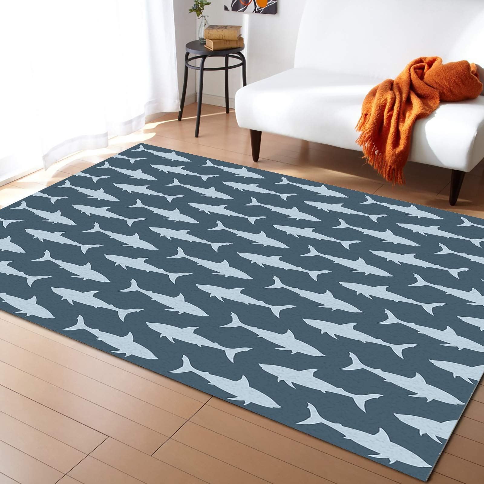 Modern Large Area Rug 4' x 6' - Non-Slip Washable Floor Carpet with Shark Blue Silhouettes - Perfect for Bedroom, Living Room, Bathroom, Kitchen & Outdoor Use - Ocean Animal Themed Runner Rug for Home Decor