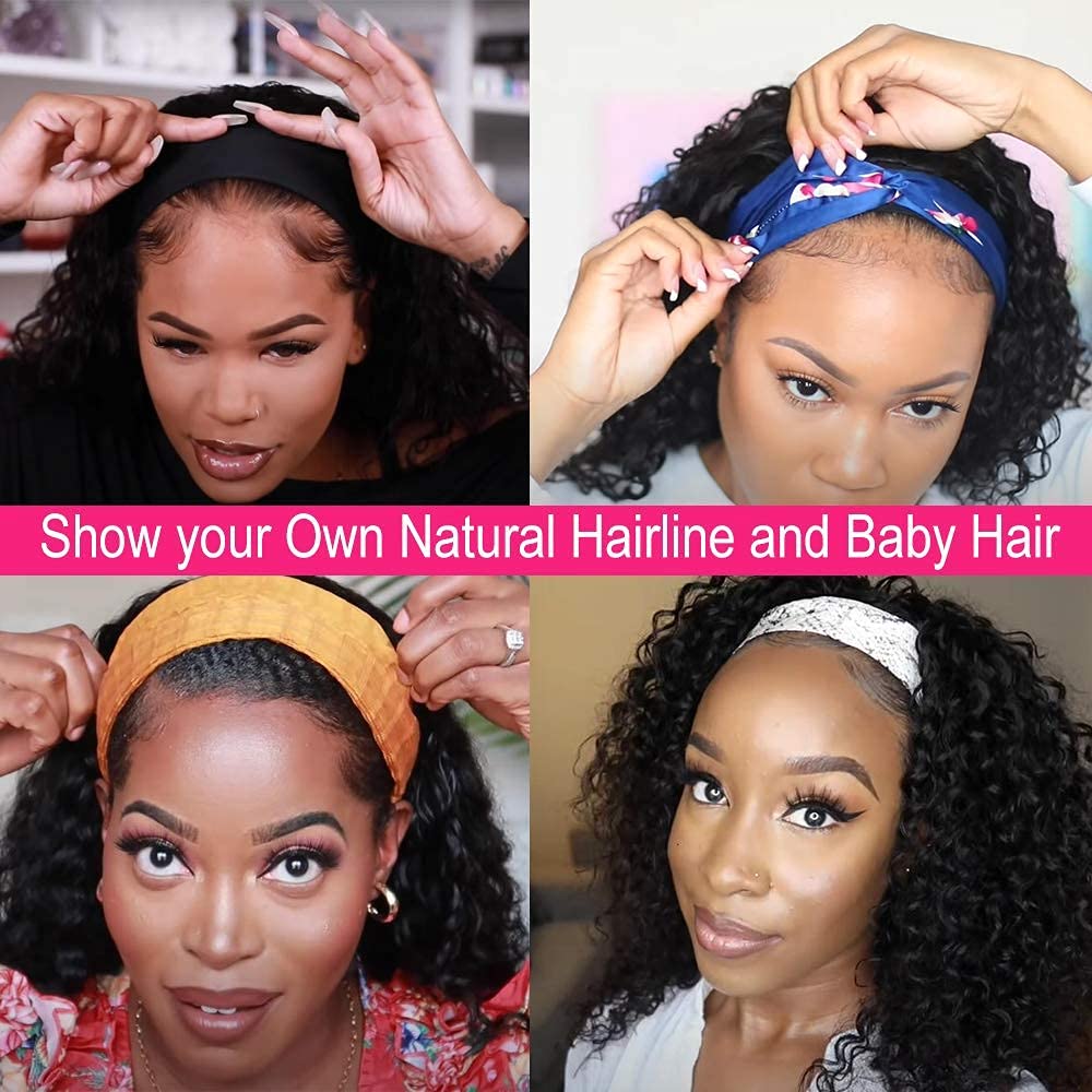 10 Inch Curly Headband Wig - 150% Density Glueless Human Hair Wig with Attached Headband | Brazilian Virgin Hair | No Lace Front | Perfect for Daily Wear, Parties & Cosplay