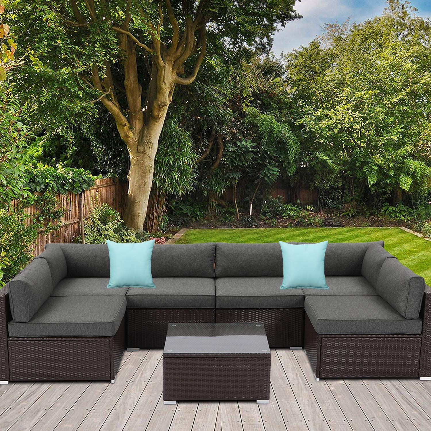 AQUILLA 7-Piece Dark Grey Outdoor Wicker Sectional Sofa Set with 2 Pillows - Patio Furniture for Garden, Backyard, Poolside & Deck (Includes Chairs & Table)