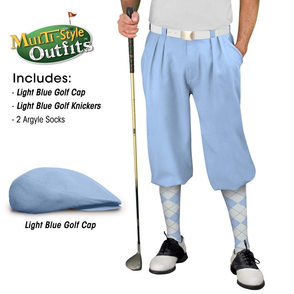 Men's Light Blue Golf Outfit Set - Matching Knickers, Cap & 2 Over-The-Calf Socks | Stylish Golf Apparel for Men | Perfect for Golf Tournaments & Casual Wear