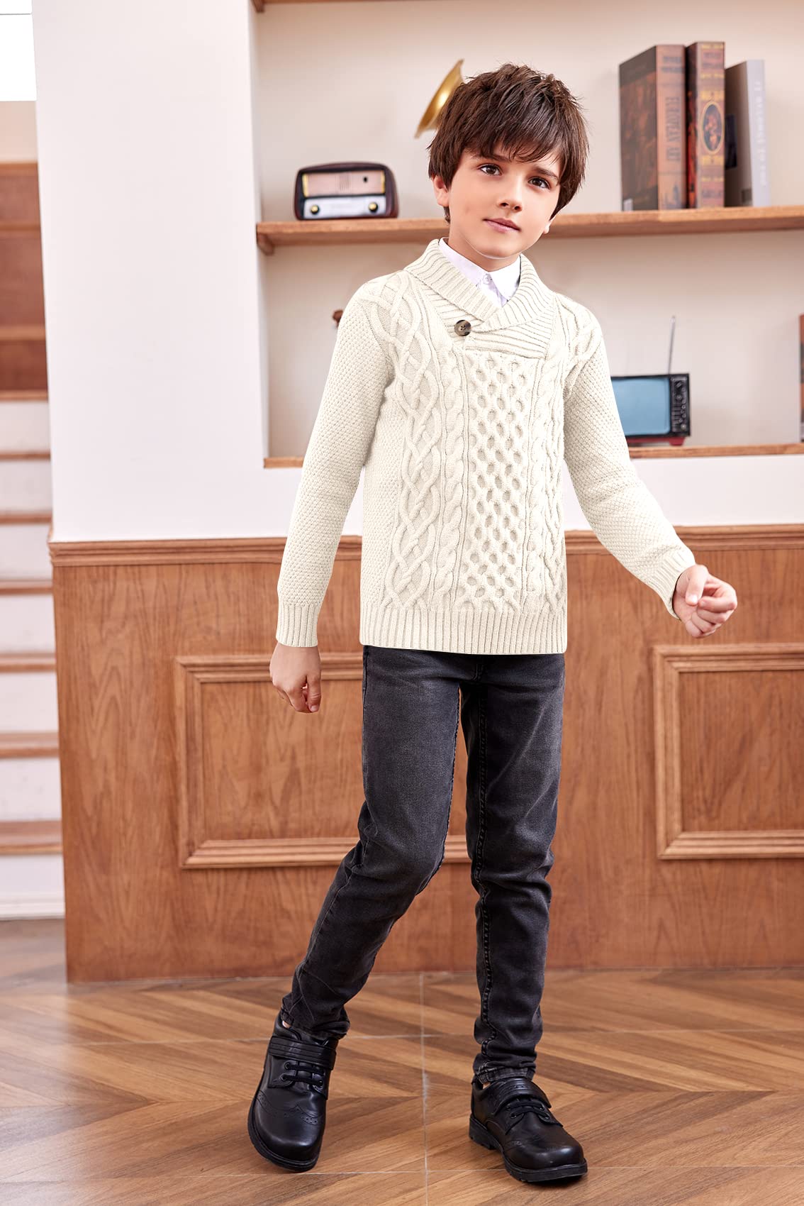 Makkrom Toddler Pullover Sweater - Shawl Collar Cable Knit Long Sleeve Warm Sweater for Boys & Girls | Cozy Winter Fall Spring Outwear for Playdates, School & Family Photos