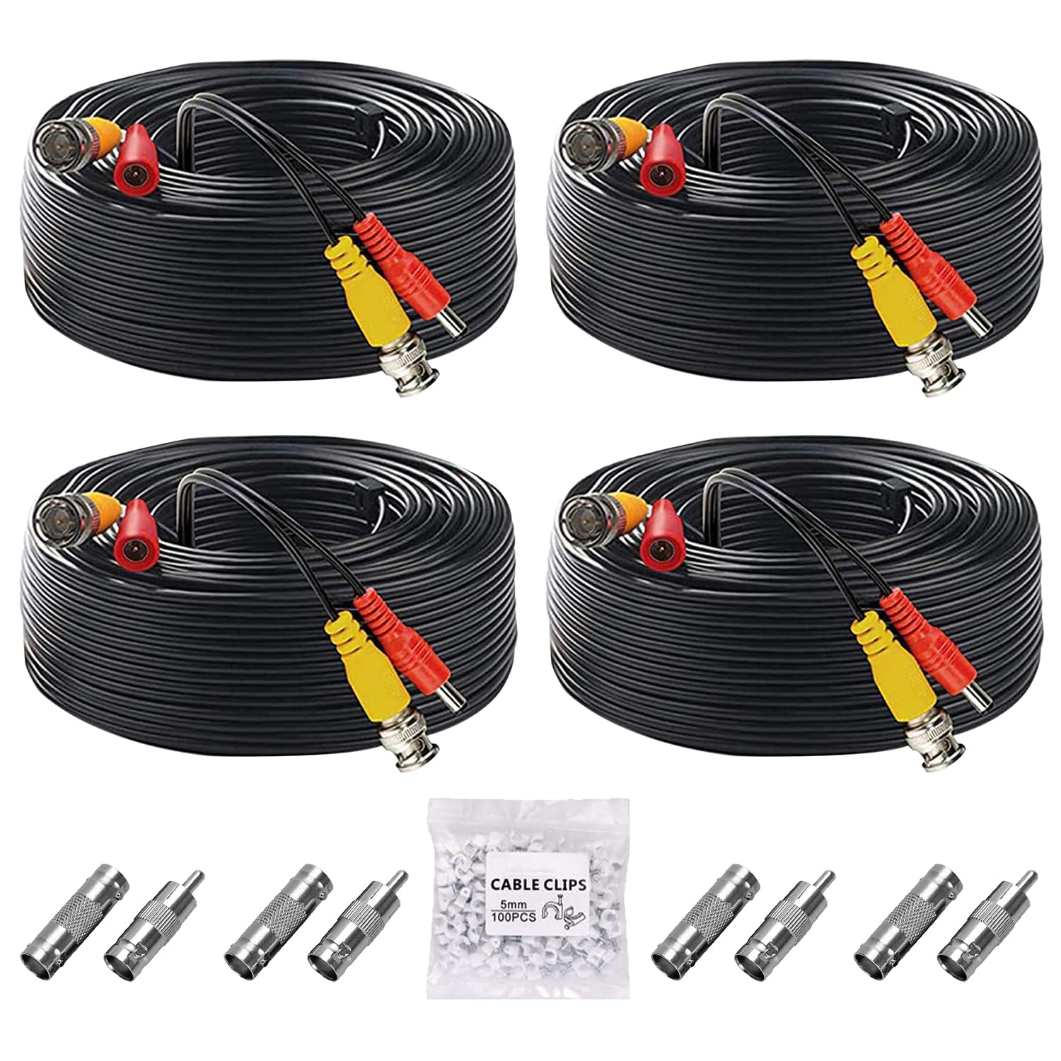 ANLINK 4 Pack 100ft/30M BNC Video Power Cable Combo for CCTV Security Camera System - Includes 8 BNC Connectors & 100 Cable Clips - Perfect for DVR Installation, Home Surveillance & Outdoor Monitoring