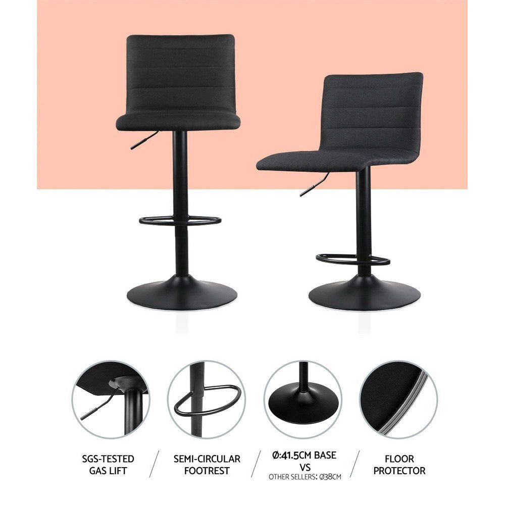 4 Bar Stools with Gas Lift Mechanism - Black Linen Fabric Counter Height Stools for Kitchen Island, Bar, or Dining Room