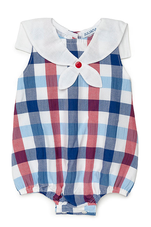 Logan Navy & Red Checked Sailor Romper for Baby Boys & Girls | Cute Nautical Outfit | Perfect for Beach Vacations, Photo Shoots & Summer Playdates