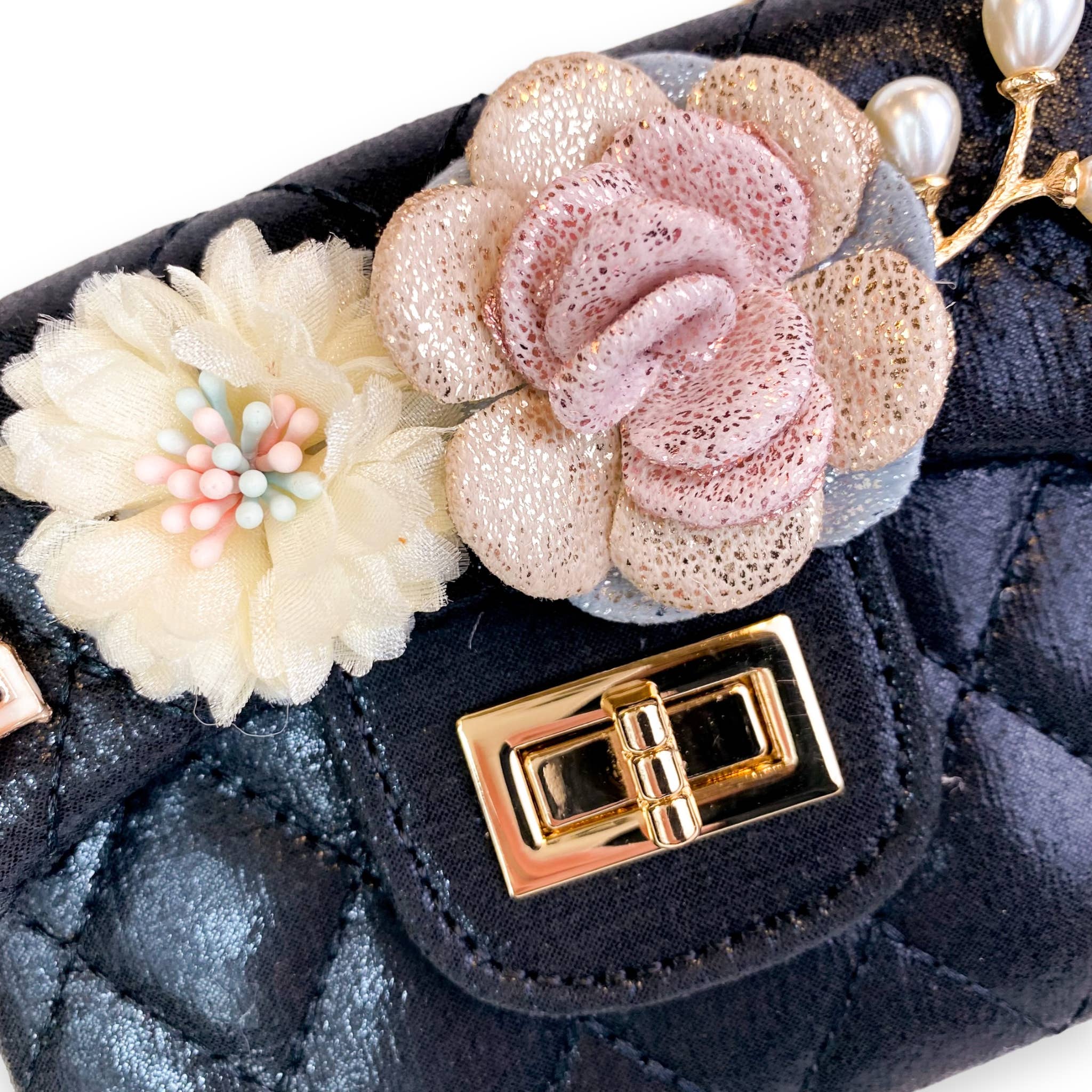 Shiny Silver Floral Applique Quilted Purse for Women - Elegant Evening Bag for Parties, Weddings & Special Occasions