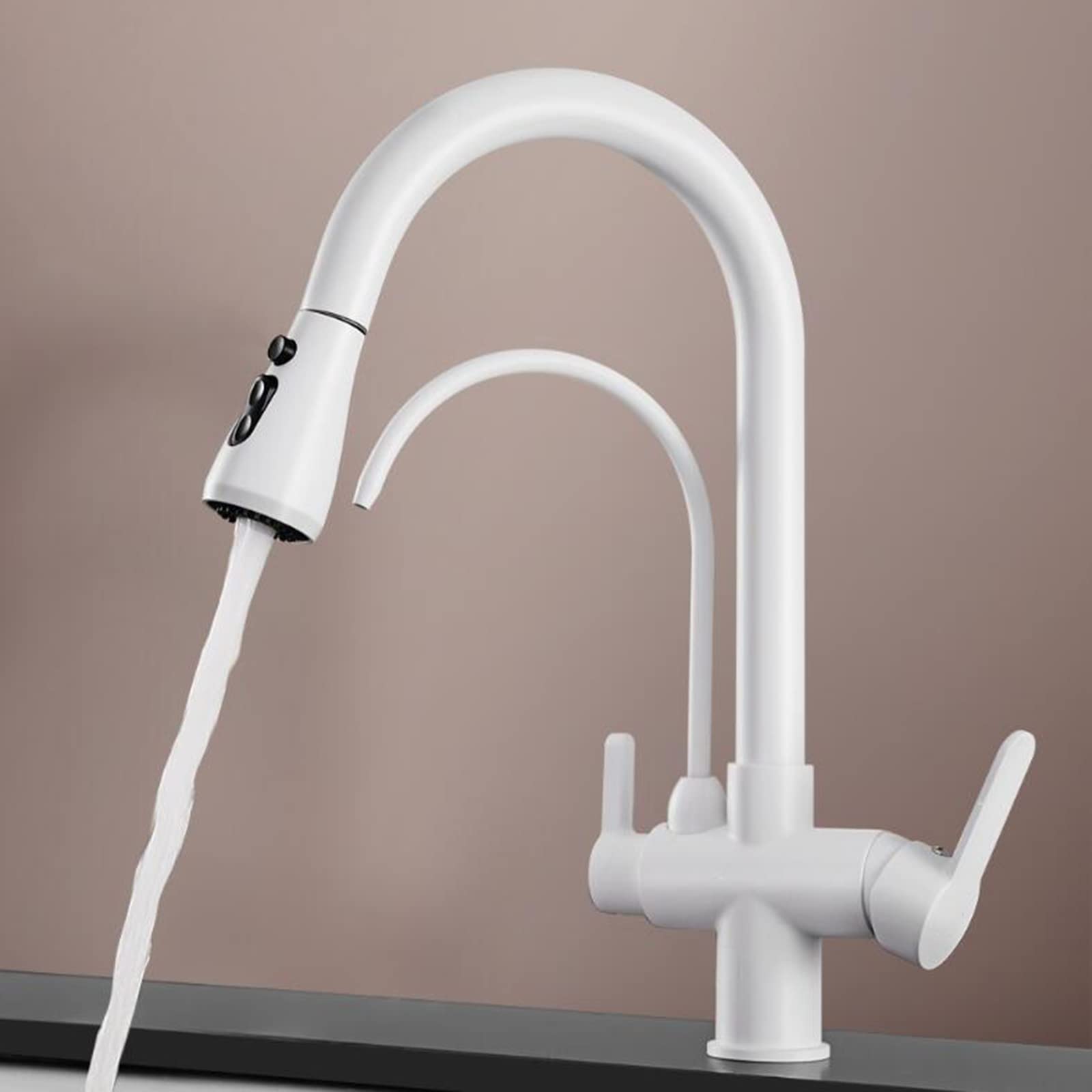 3 in 1 Pull Down Kitchen Faucet with Sprayer - White Brass Telescopic Rotating 3-Way Mixer Tap for Modern Home Kitchen Sink (Ideal for Washing Dishes, Filling Pots & Cleaning Vegetables)