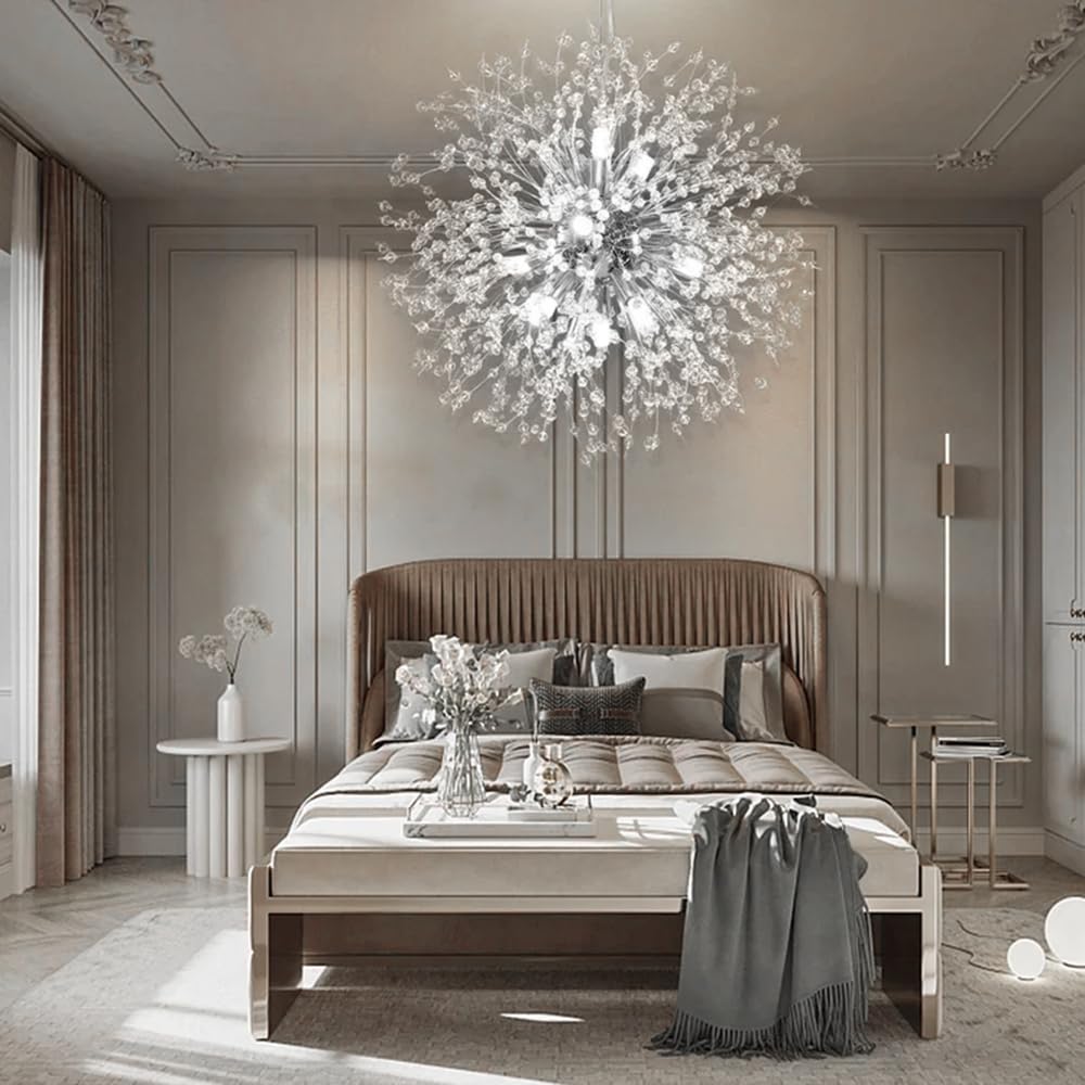Modern Firework Chrome Crystal Chandelier - 12-Light Sputnik Dandelion Pendant Lighting Fixture for Dining Room, Living Room, Bedroom, Kitchen & Restaurant | Elegant Ceiling Decor for Home, Hotel and Commercial Spaces