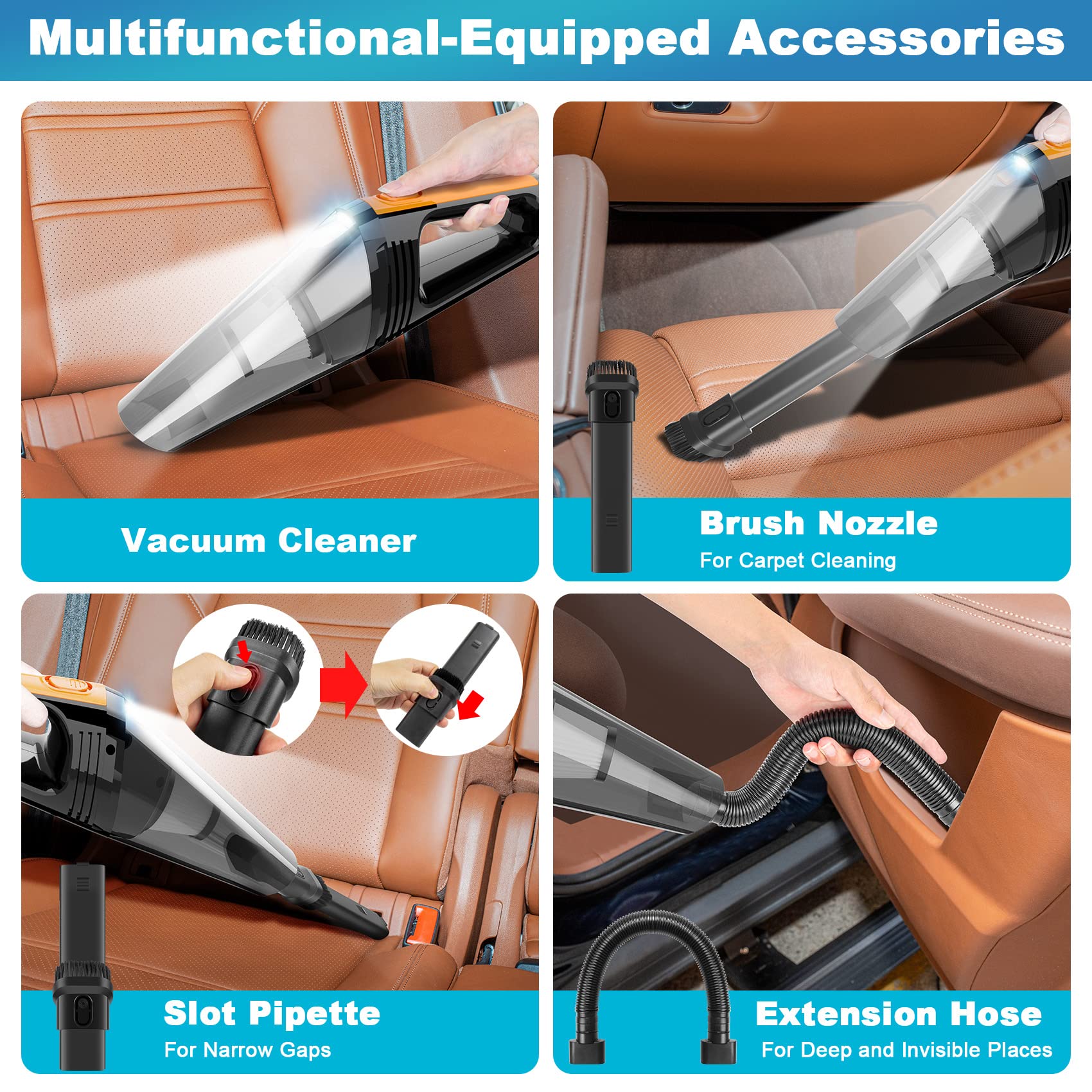 Powerful 8000PA 100W DC12V Portable Car Vacuum Cleaner - 16.4ft Corded Handheld Vacuum with LED Light & Detailing Kit for Deep Interior Cleaning | Ideal for Cars, Trucks, SUVs & Home Use - Perfect Gift for Men & Women